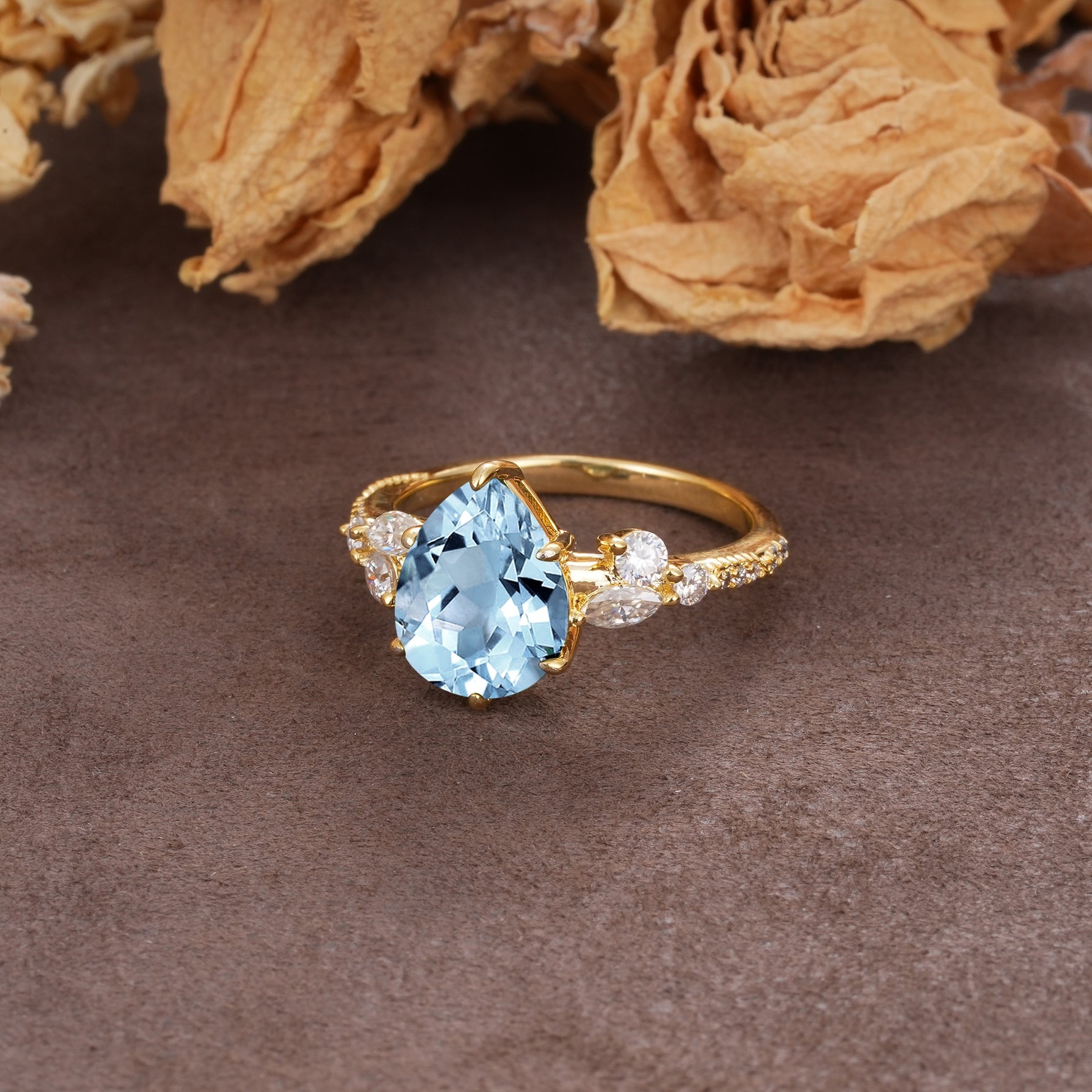 Delicate Leaf Vine Multi 4 Prong Pear Cut Aquamarine Engagement Ring - Additional view