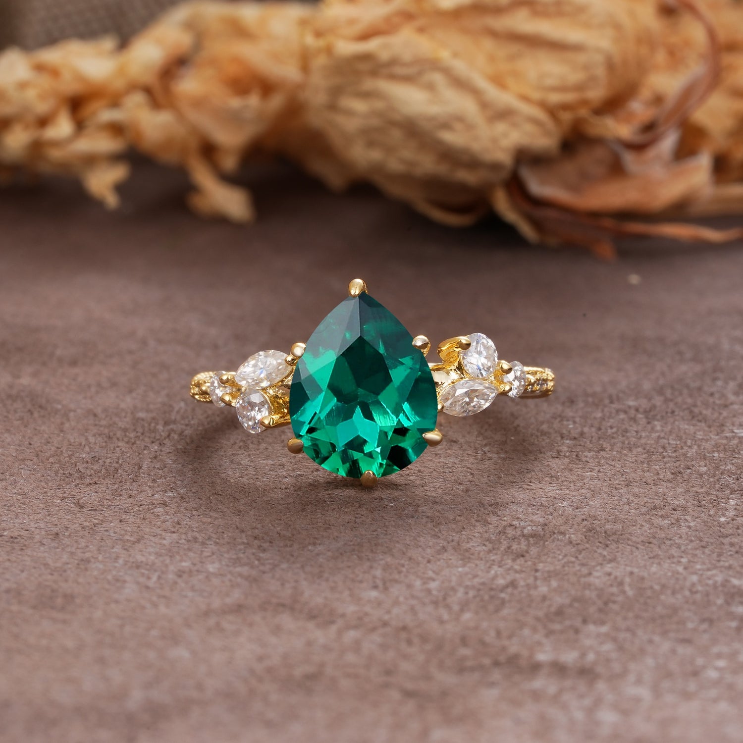 Delicate Leaf Vine Multi 4 Prong Pear Cut Emerald Engagement Ring - Additional view