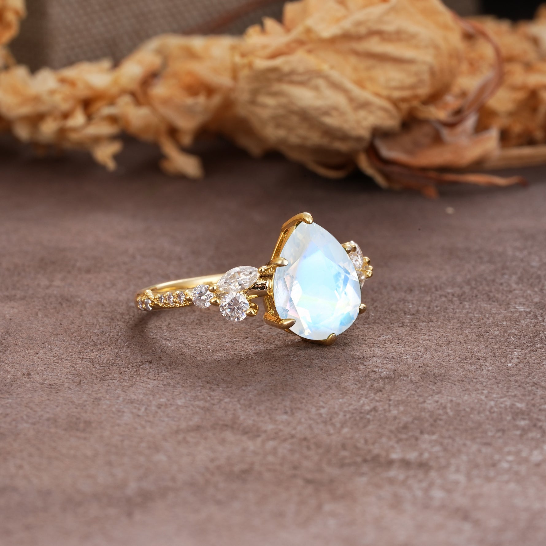 Delicate Leaf Vine Multi 4 Prong Pear Cut Moonstone Engagement Ring - Additional view