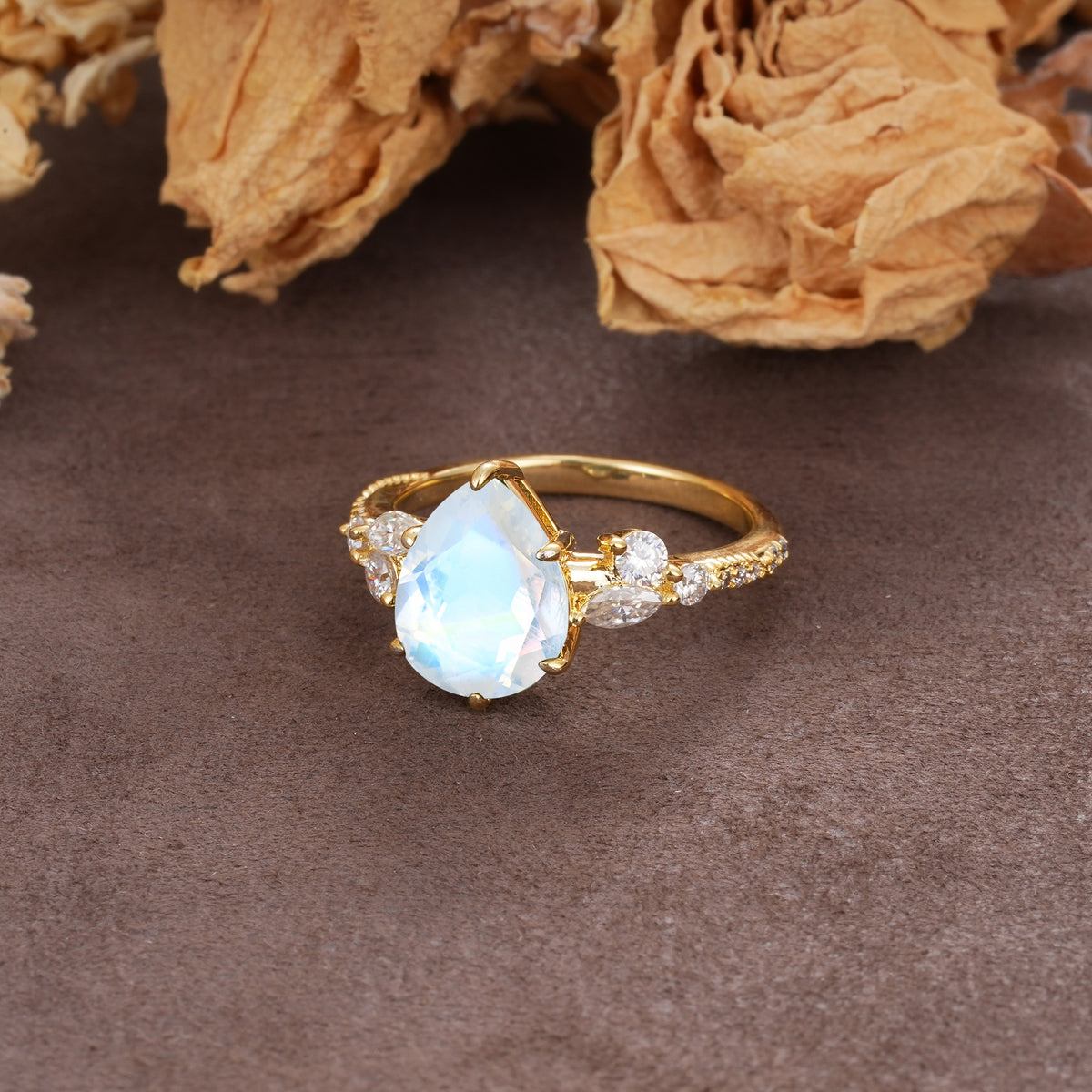 Delicate Leaf Vine Multi 4 Prong Pear Cut Moonstone Engagement Ring - Additional view