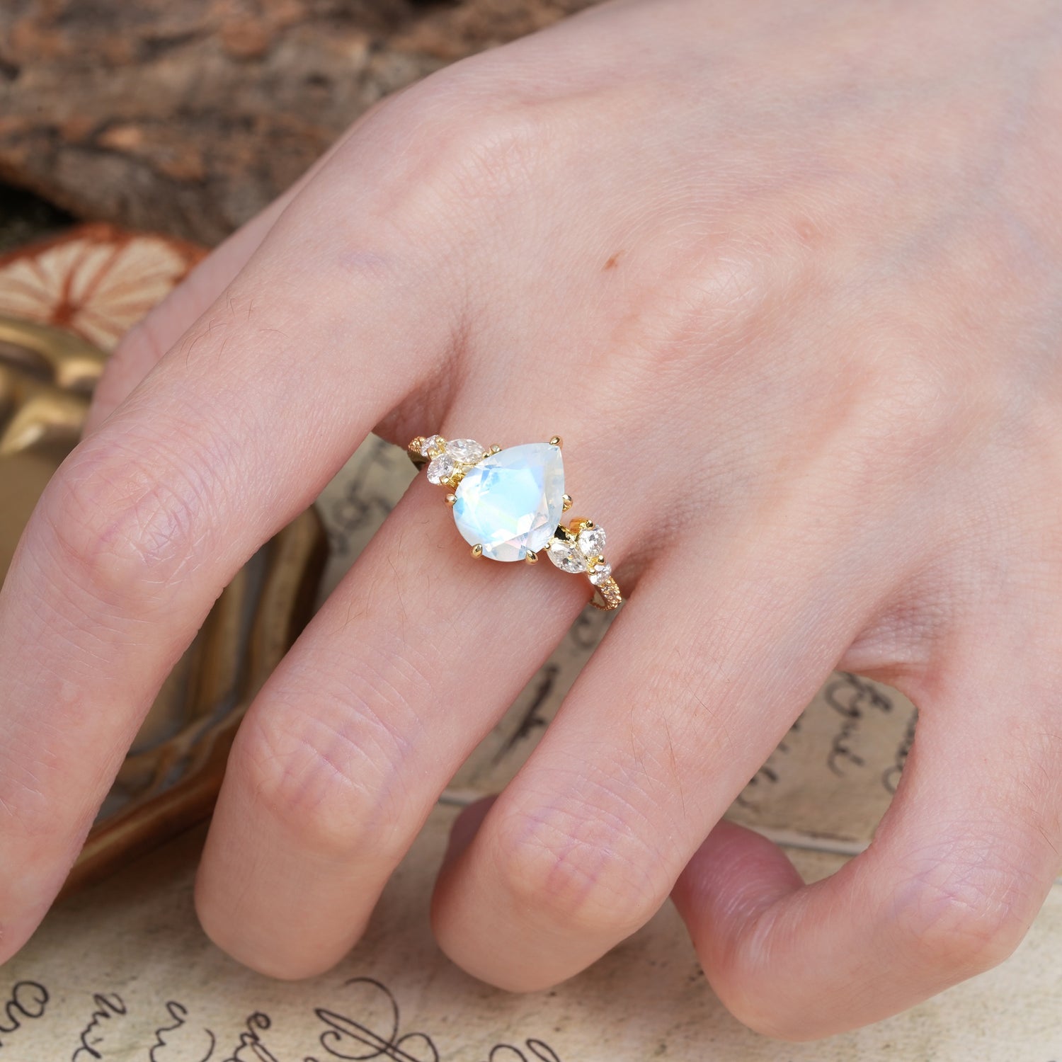 Delicate Leaf Vine Multi 4 Prong Pear Cut Moonstone Engagement Ring - Additional view