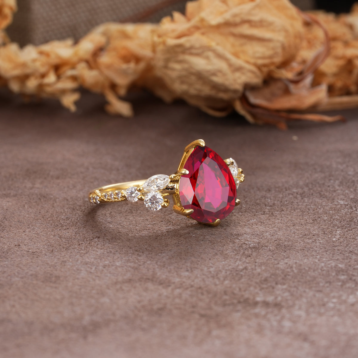 Delicate Leaf Vine Multi 4 Prong Pear Cut Ruby Engagement Ring - Additional view