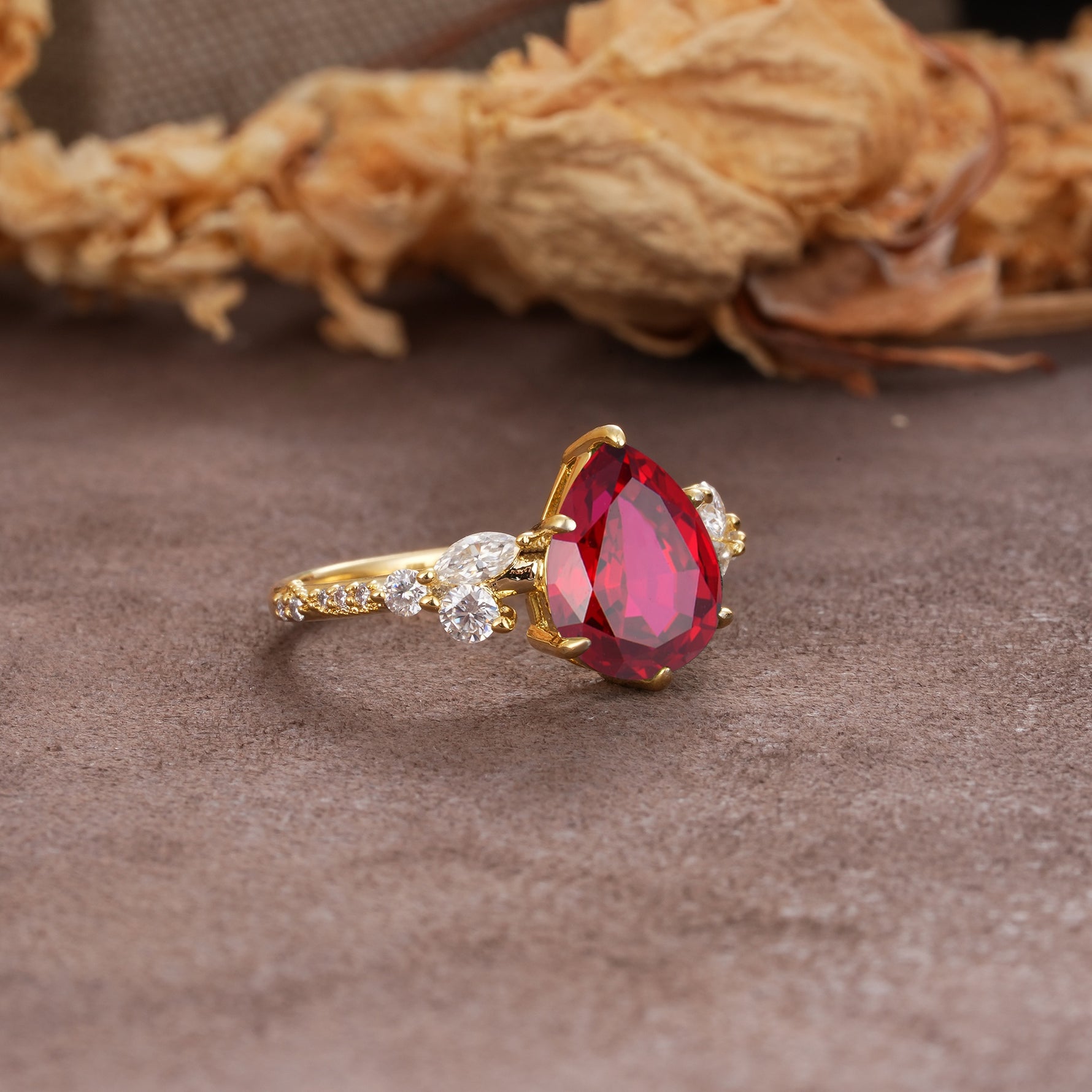 Delicate Leaf Vine Multi 4 Prong Pear Cut Ruby Engagement Ring - Additional view
