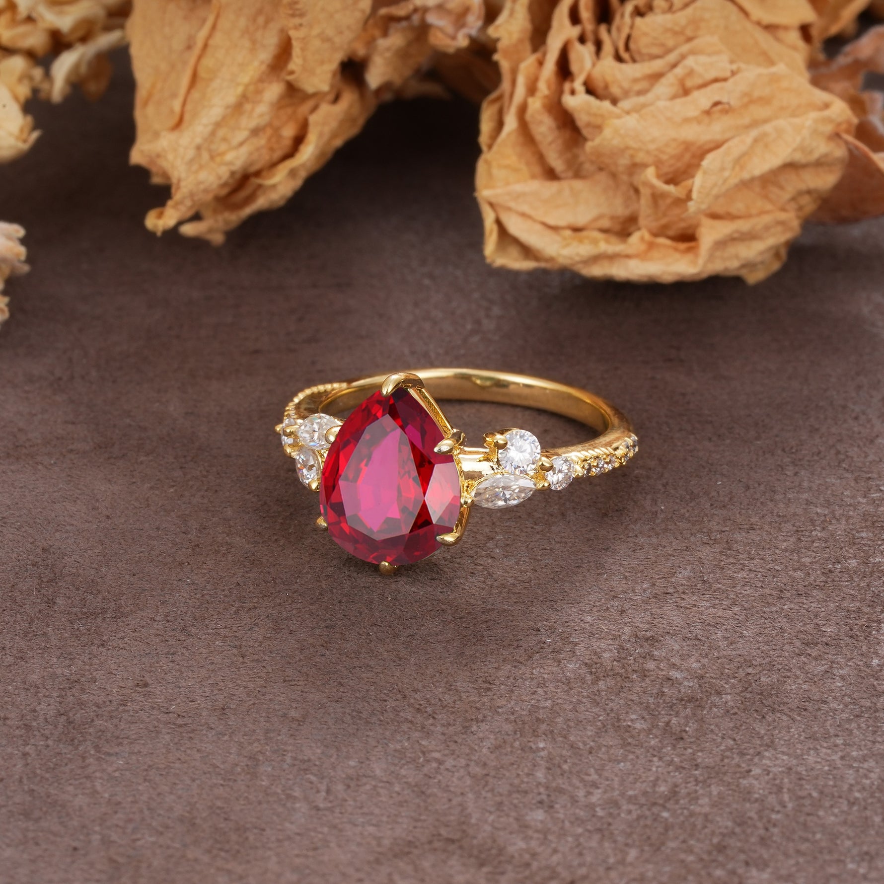 Delicate Leaf Vine Multi 4 Prong Pear Cut Ruby Engagement Ring - Additional view