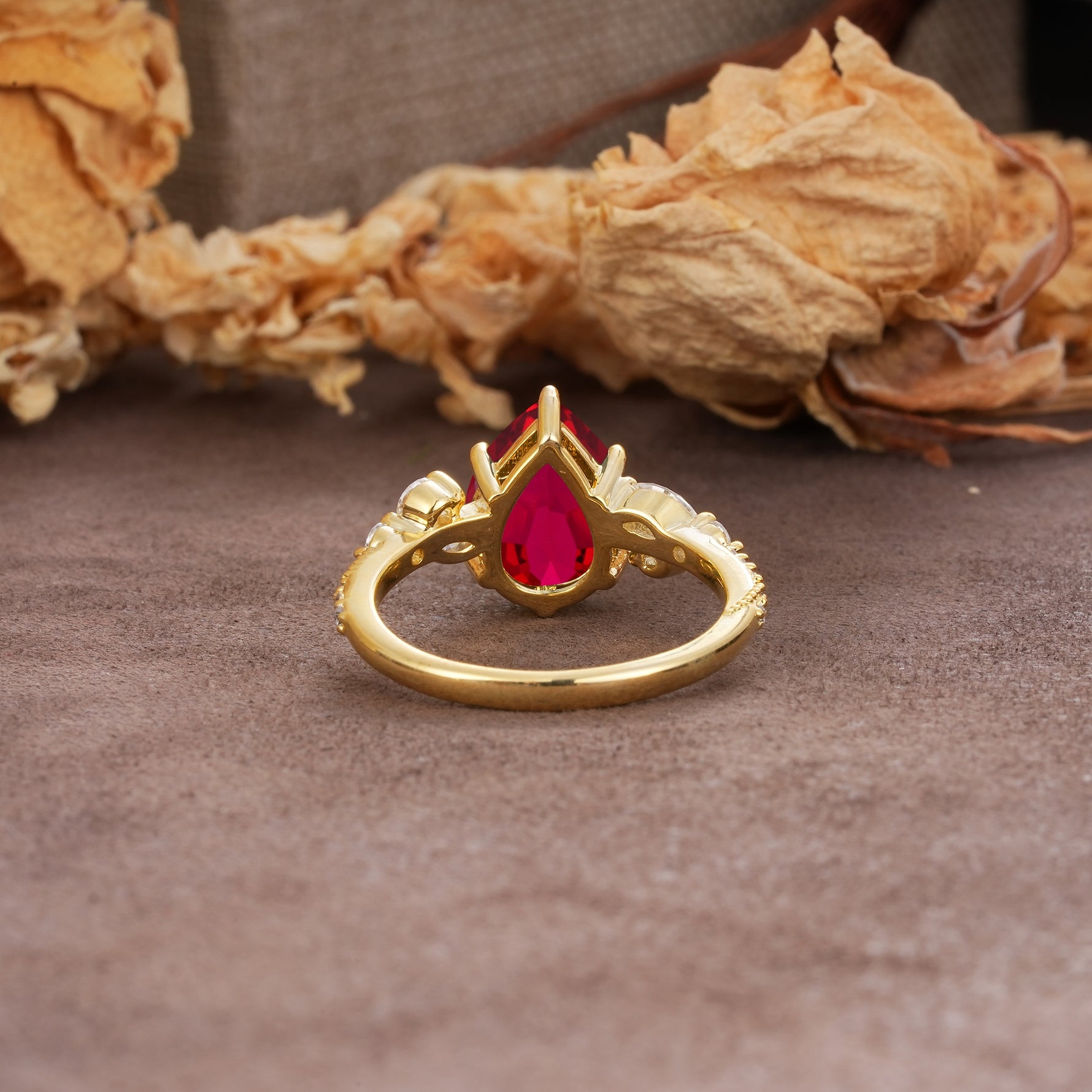 Delicate Leaf Vine Multi 4 Prong Pear Cut Ruby Engagement Ring - Additional view