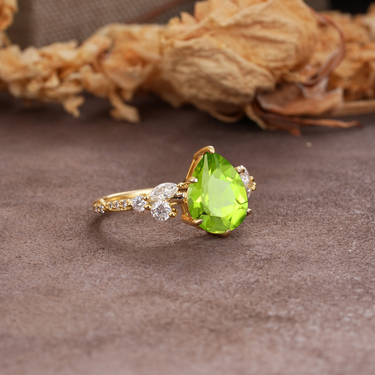 Delicate Leaf Vine Multi 4 Prong Pear Cut Peridot Engagement Ring - Additional view