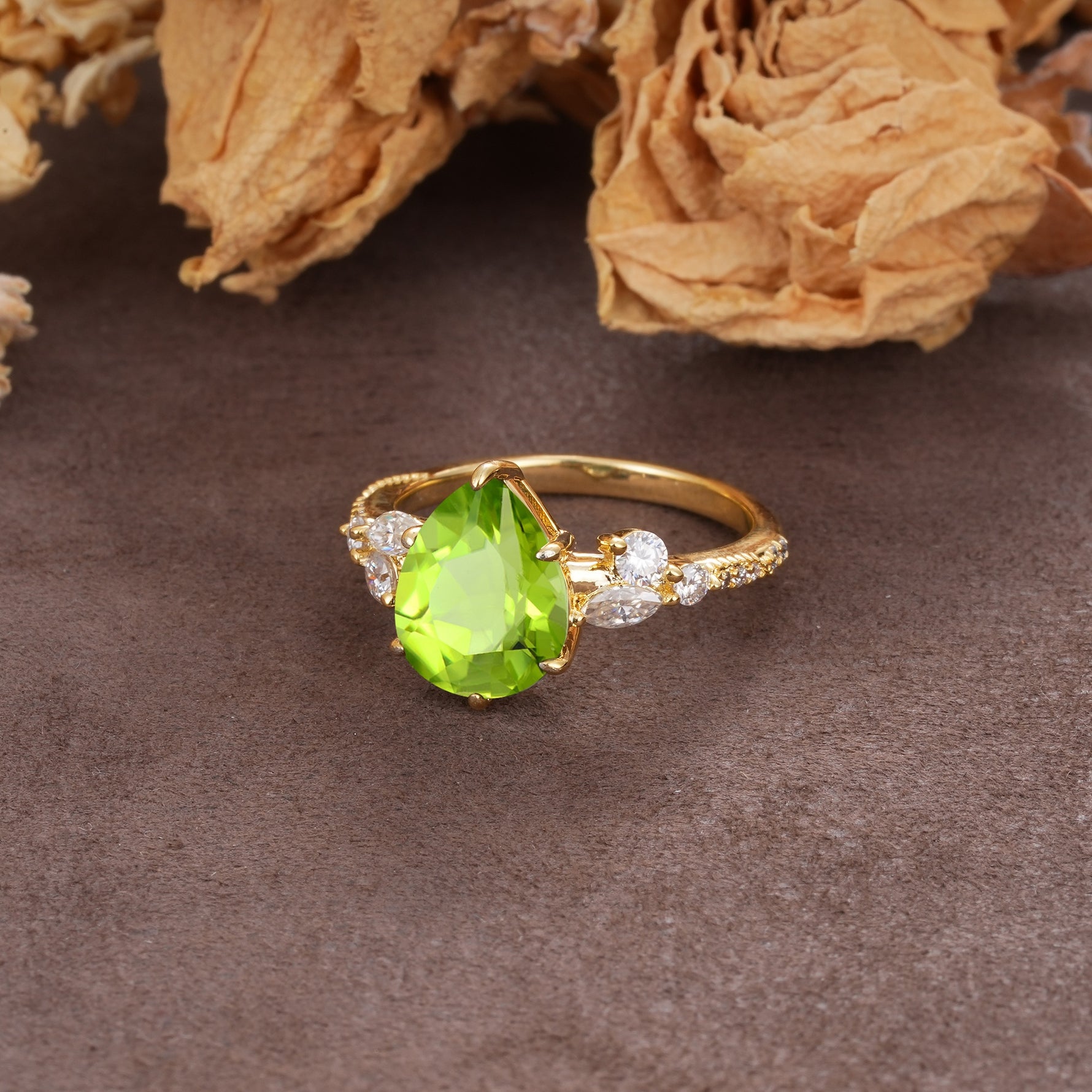 Delicate Leaf Vine Multi 4 Prong Pear Cut Peridot Engagement Ring - Additional view