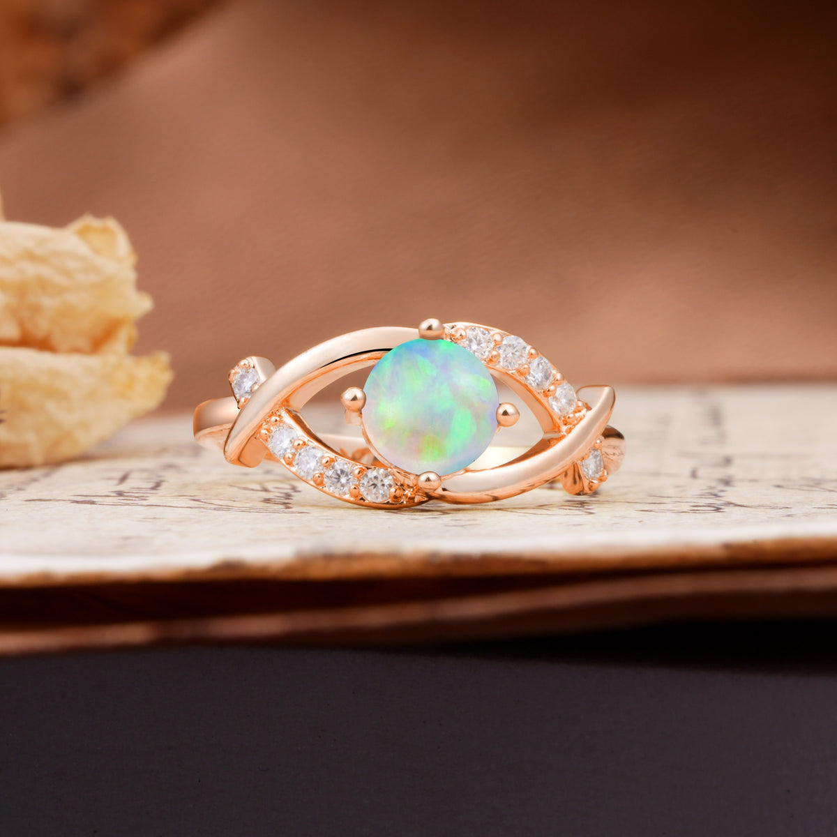 Unique and Luxurious 4-Prong Wrapped Round Cut Fire Opal Engagement Ring - Additional view