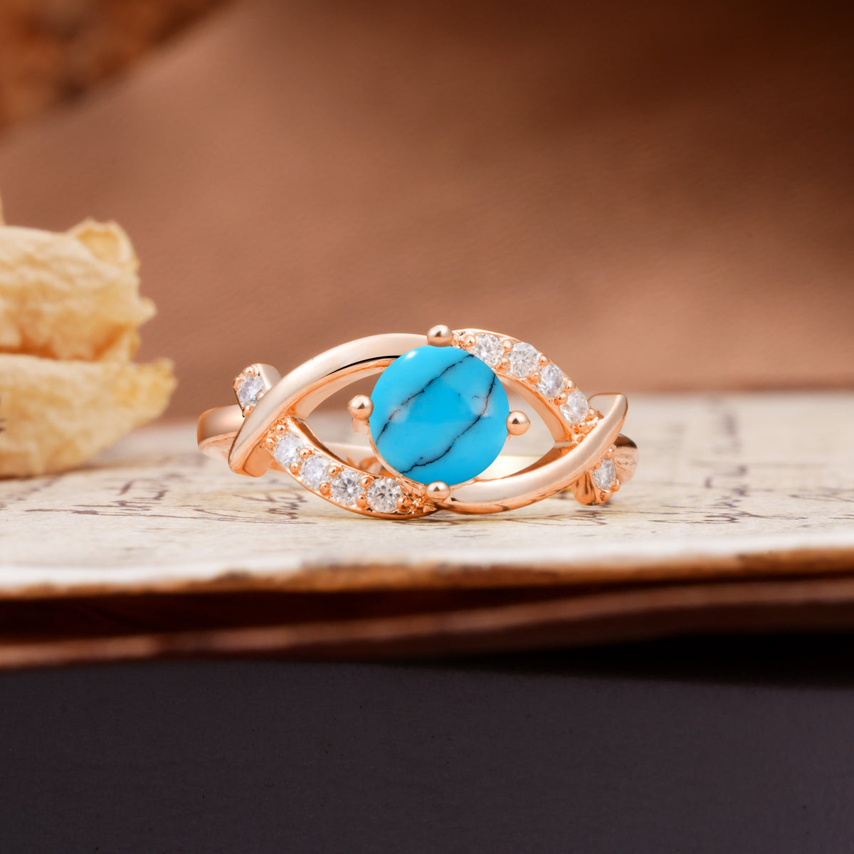 Unique and Luxurious 4-Prong Wrapped Round Cut Turquoise Engagement Ring - Additional view