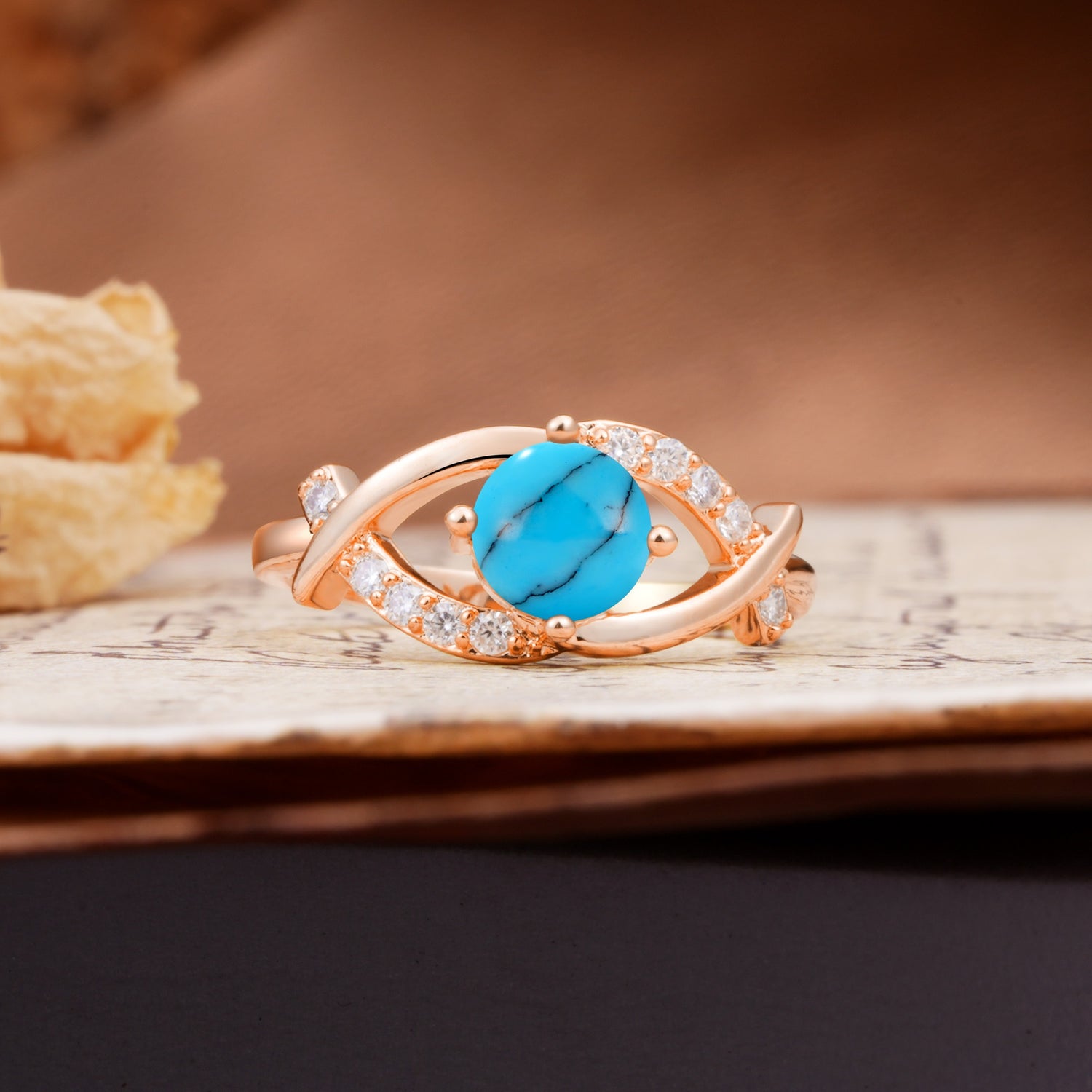 Unique and Luxurious 4-Prong Wrapped Round Cut Turquoise Engagement Ring - Additional view