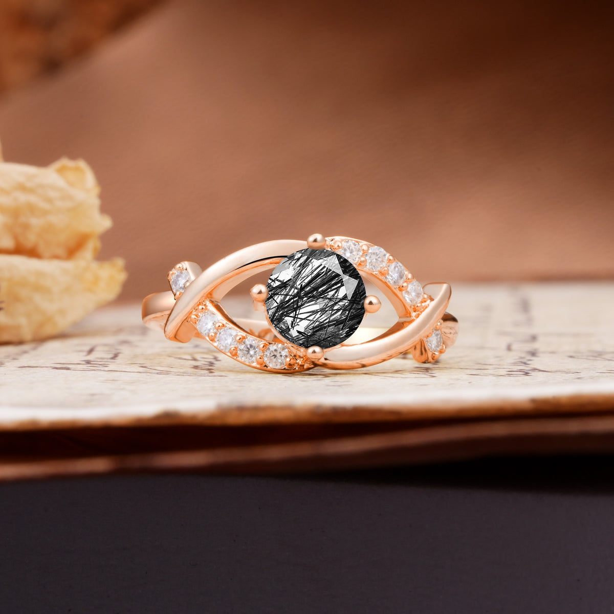 Unique and Luxurious 4-Prong Wrapped Round Cut Black Rutilated Quartz Engagement Ring - Additional view