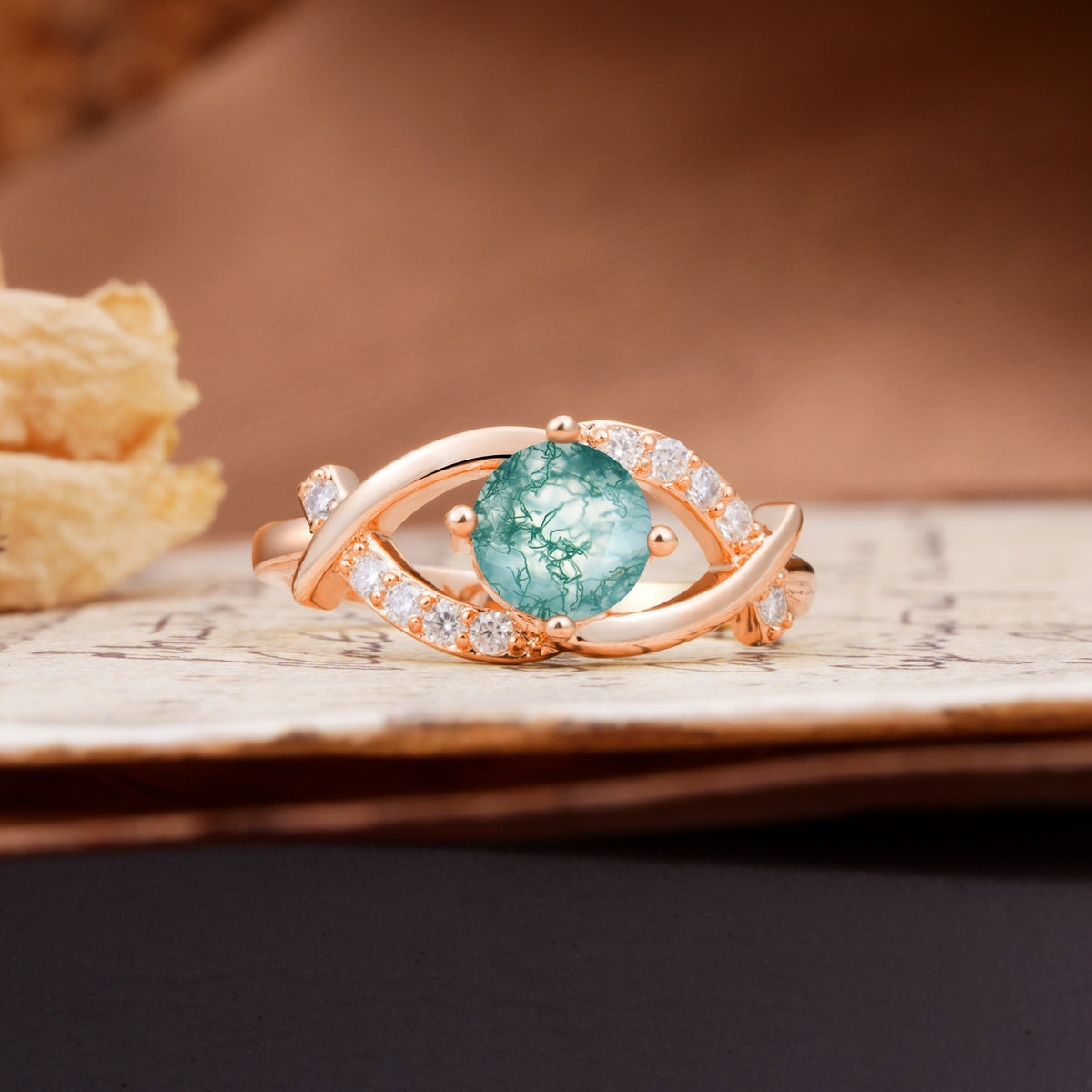 Unique and Luxurious 4-Prong Wrapped Round Cut Moss Agate Engagement Ring - Additional view