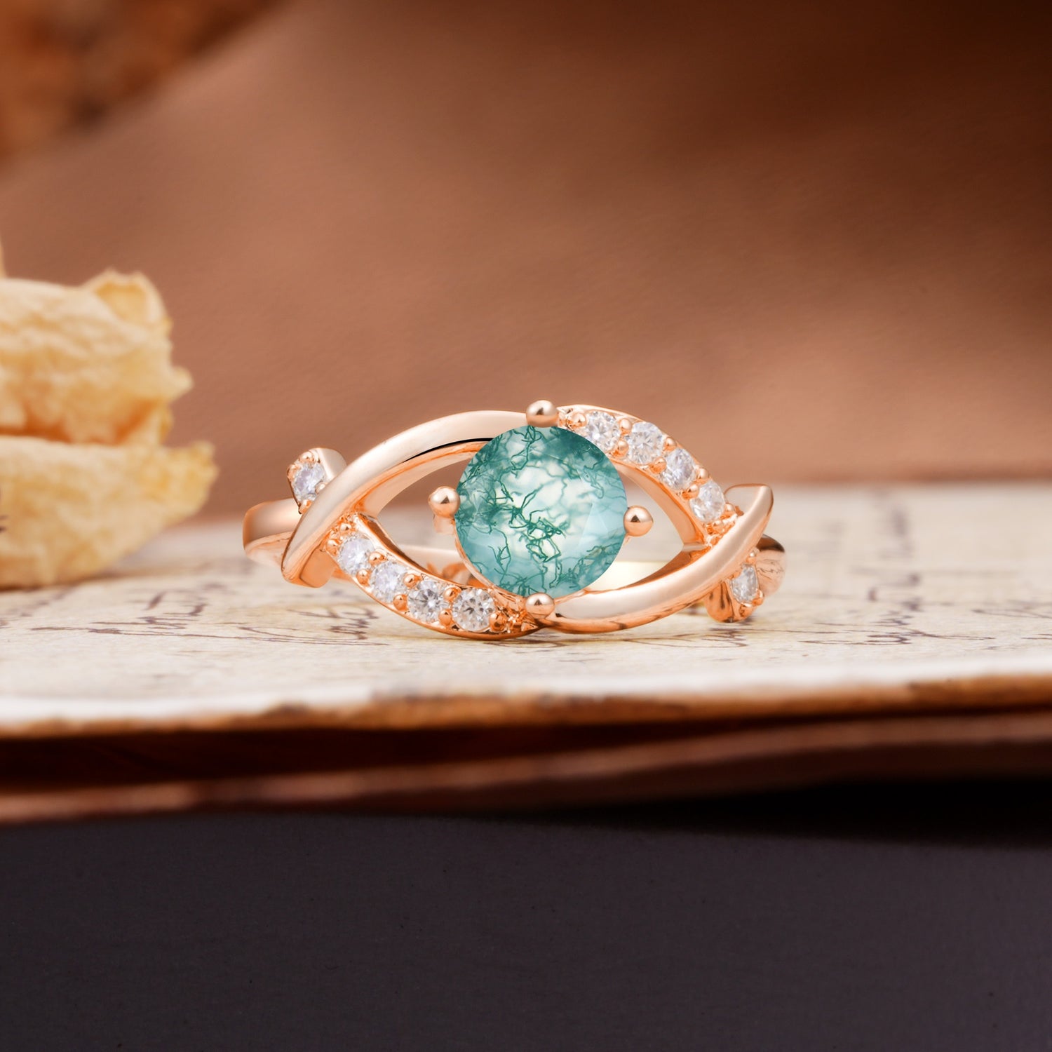 Unique and Luxurious 4-Prong Wrapped Round Cut Moss Agate Engagement Ring - Additional view