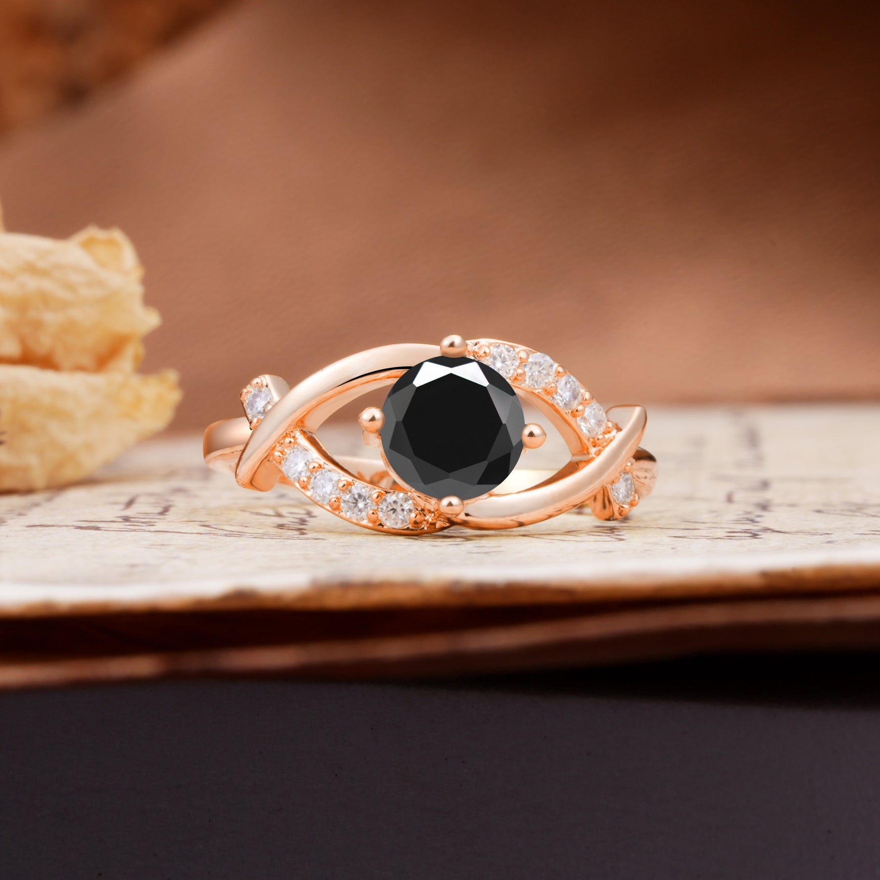Unique and Luxurious 4-Prong Wrapped Round Cut Black Onyx Engagement Ring - Additional view