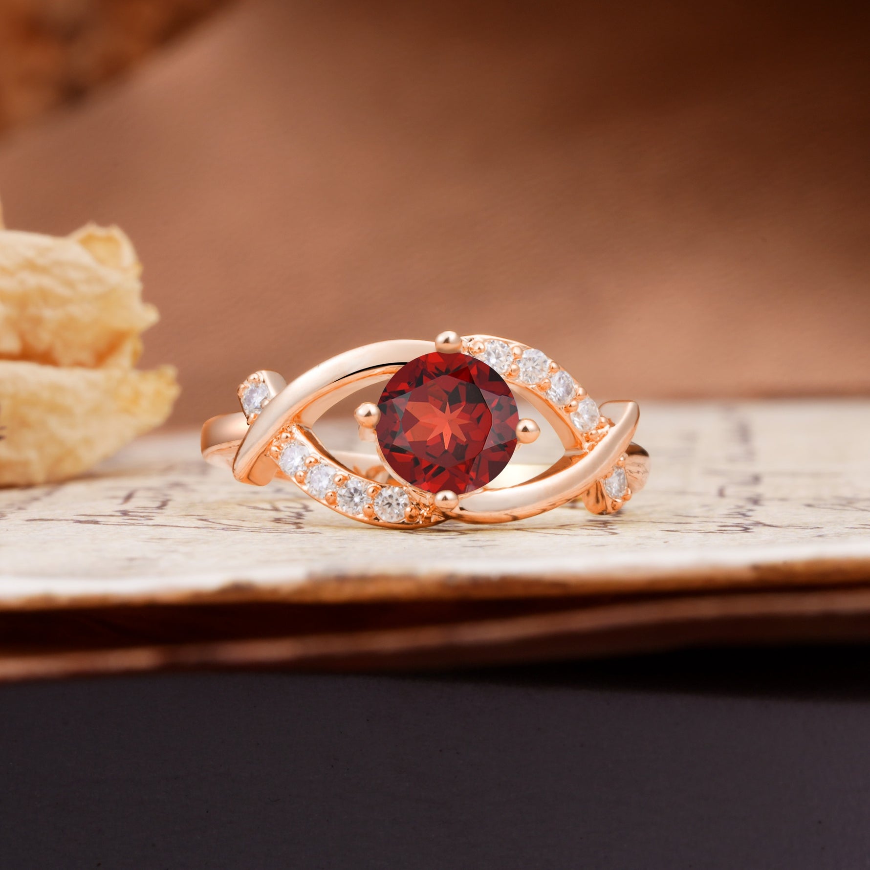 Unique and Luxurious 4-Prong Wrapped Round Cut Garnet Engagement Ring - Additional view