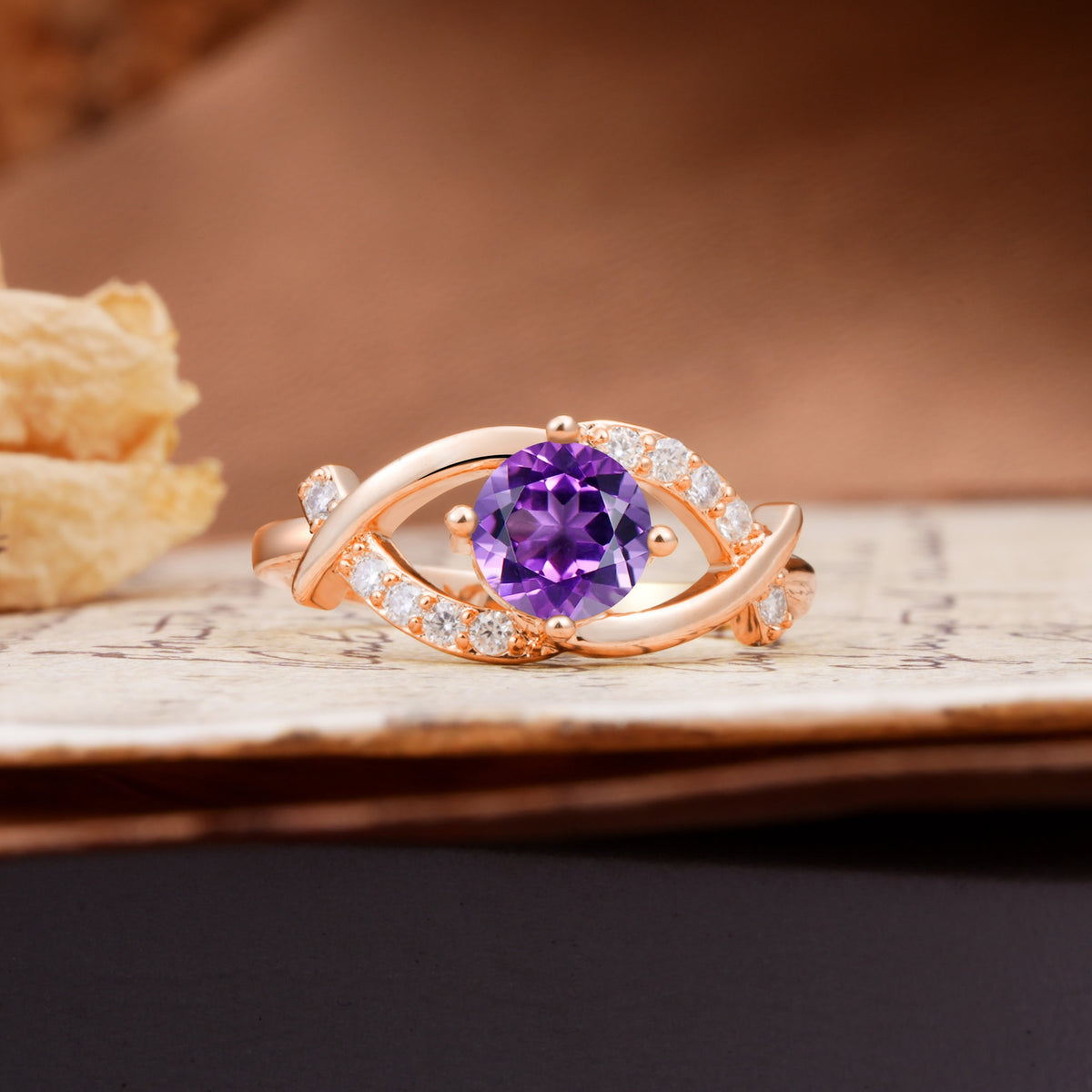 Unique and Luxurious 4-Prong Wrapped Round Cut Amethyst Engagement Ring - Additional view
