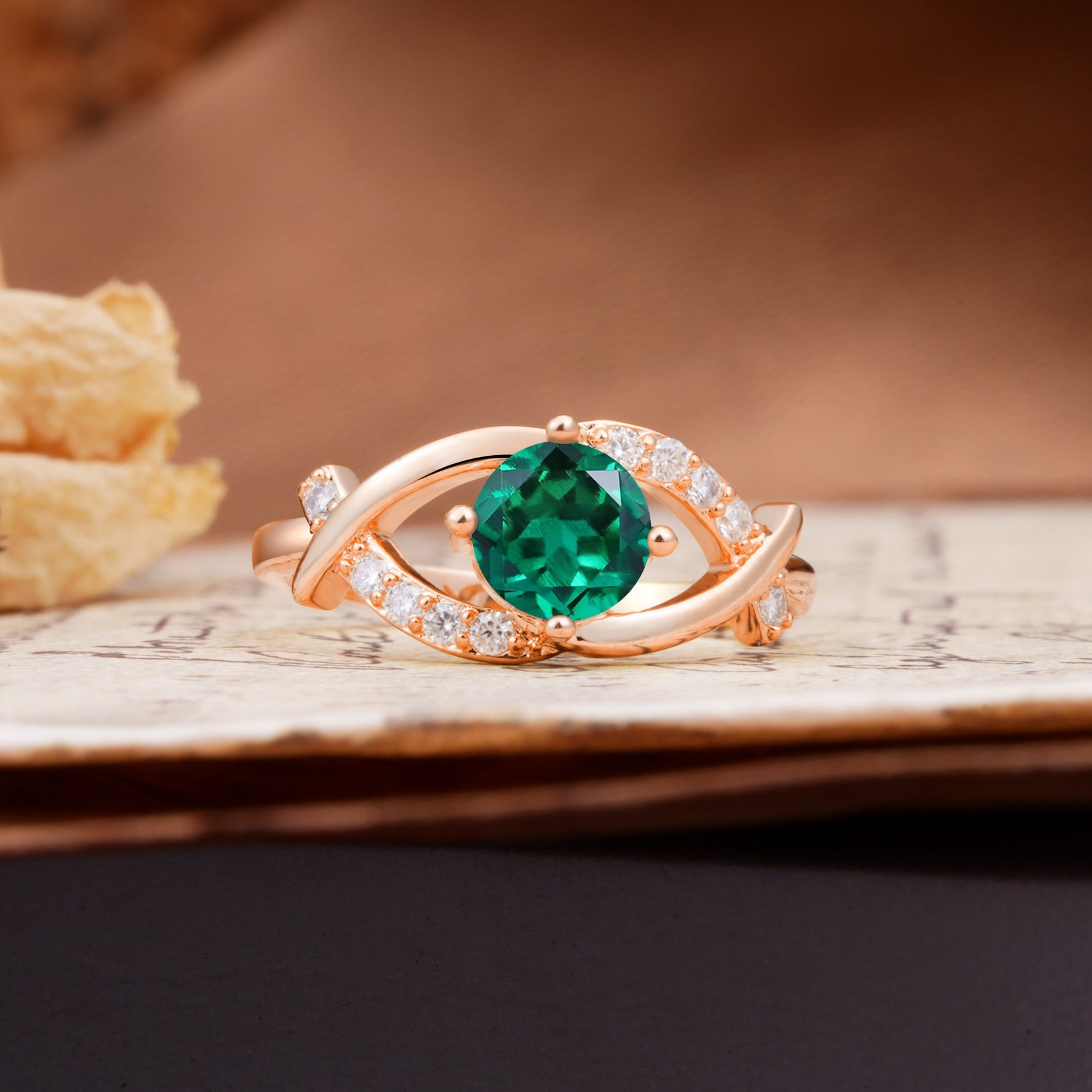 Unique and Luxurious 4-Prong Wrapped Round Cut Emerald Engagement Ring - Additional view