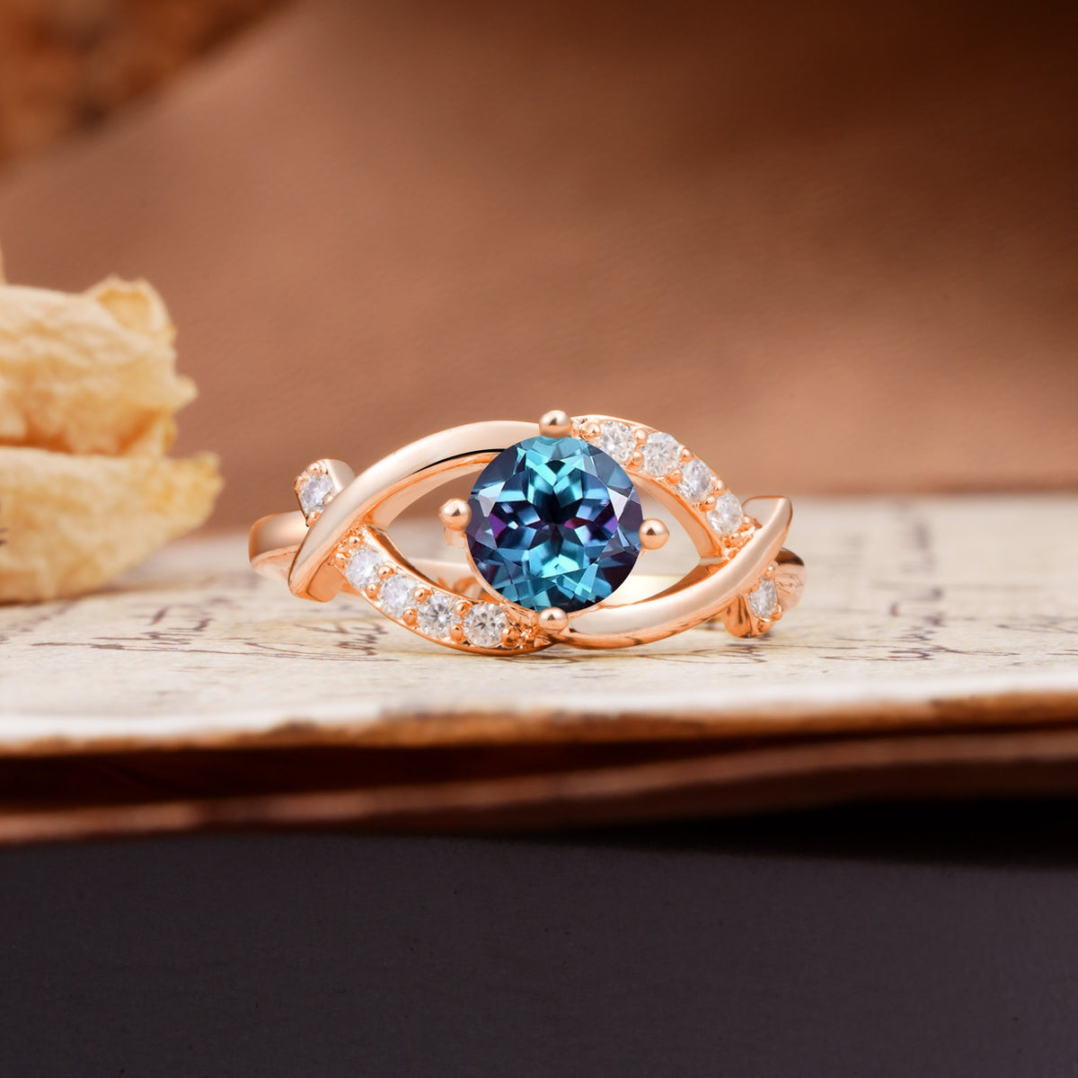 Unique and Luxurious 4-Prong Wrapped Round Cut Alexandrite Engagement Ring - Additional view