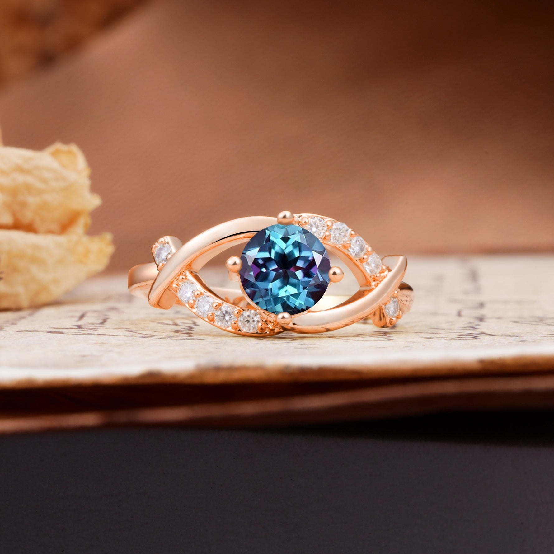 Unique and Luxurious 4-Prong Wrapped Round Cut Alexandrite Engagement Ring - Additional view