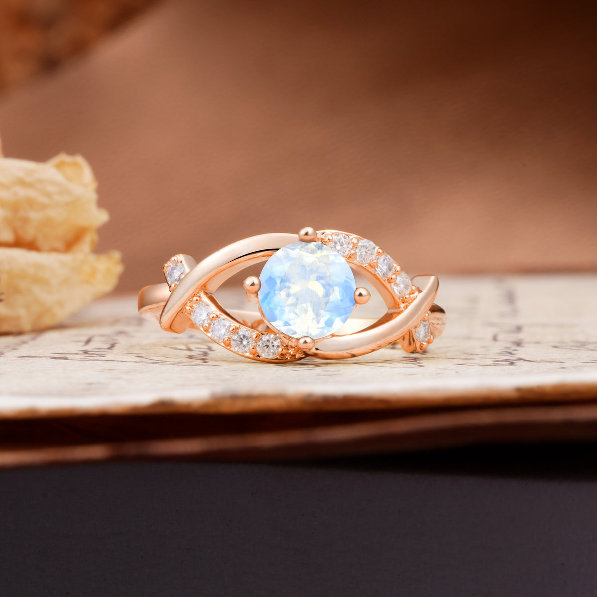 Unique and Luxurious 4-Prong Wrapped Round Cut Moonstone Engagement Ring - Additional view