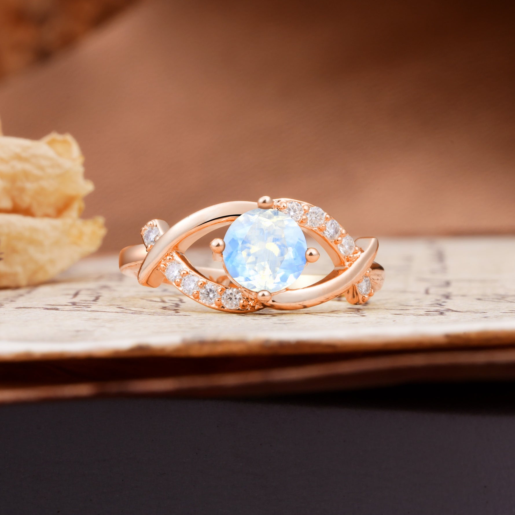 Unique and Luxurious 4-Prong Wrapped Round Cut Moonstone Engagement Ring - Additional view
