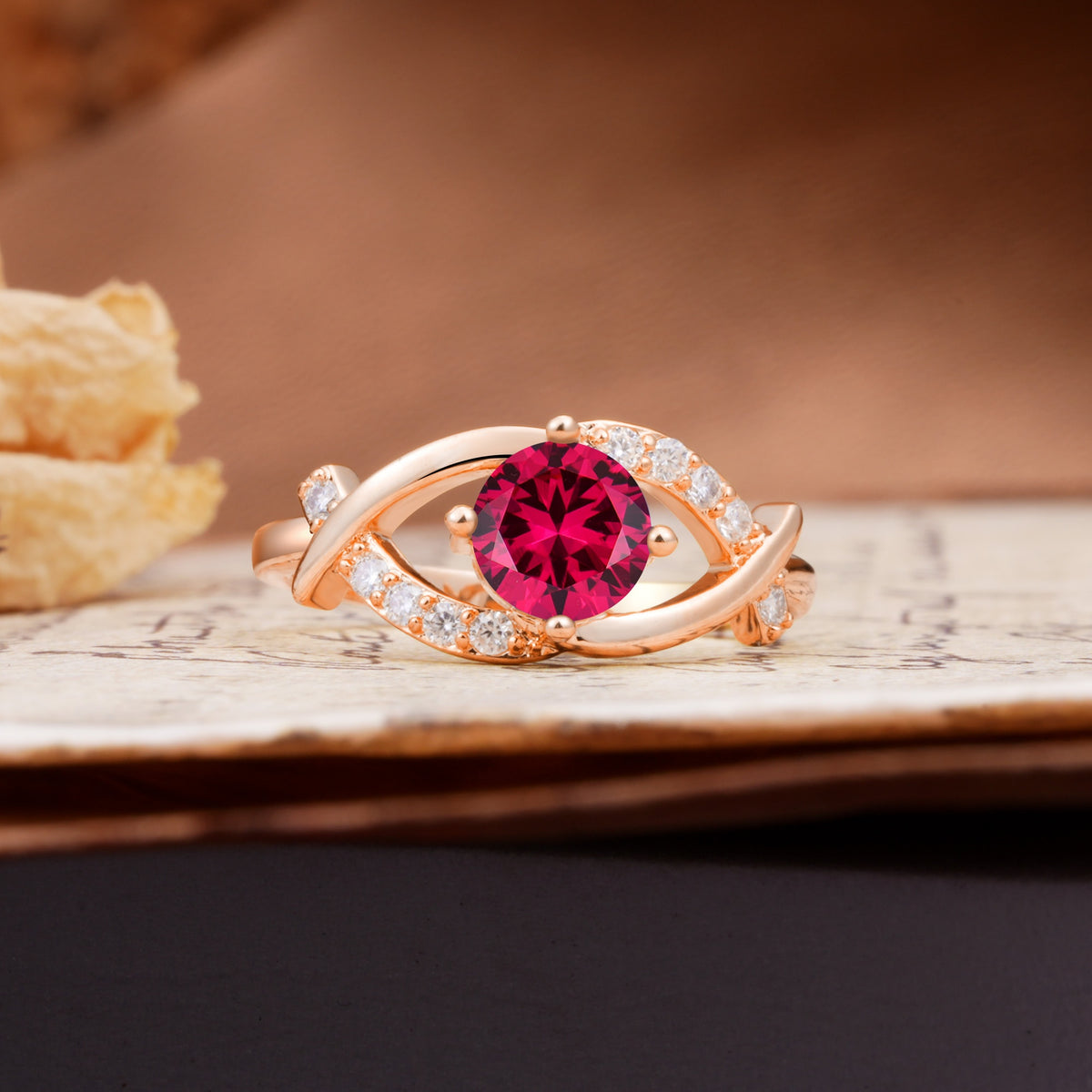 Unique and Luxurious 4-Prong Wrapped Round Cut Ruby Engagement Ring - Additional view