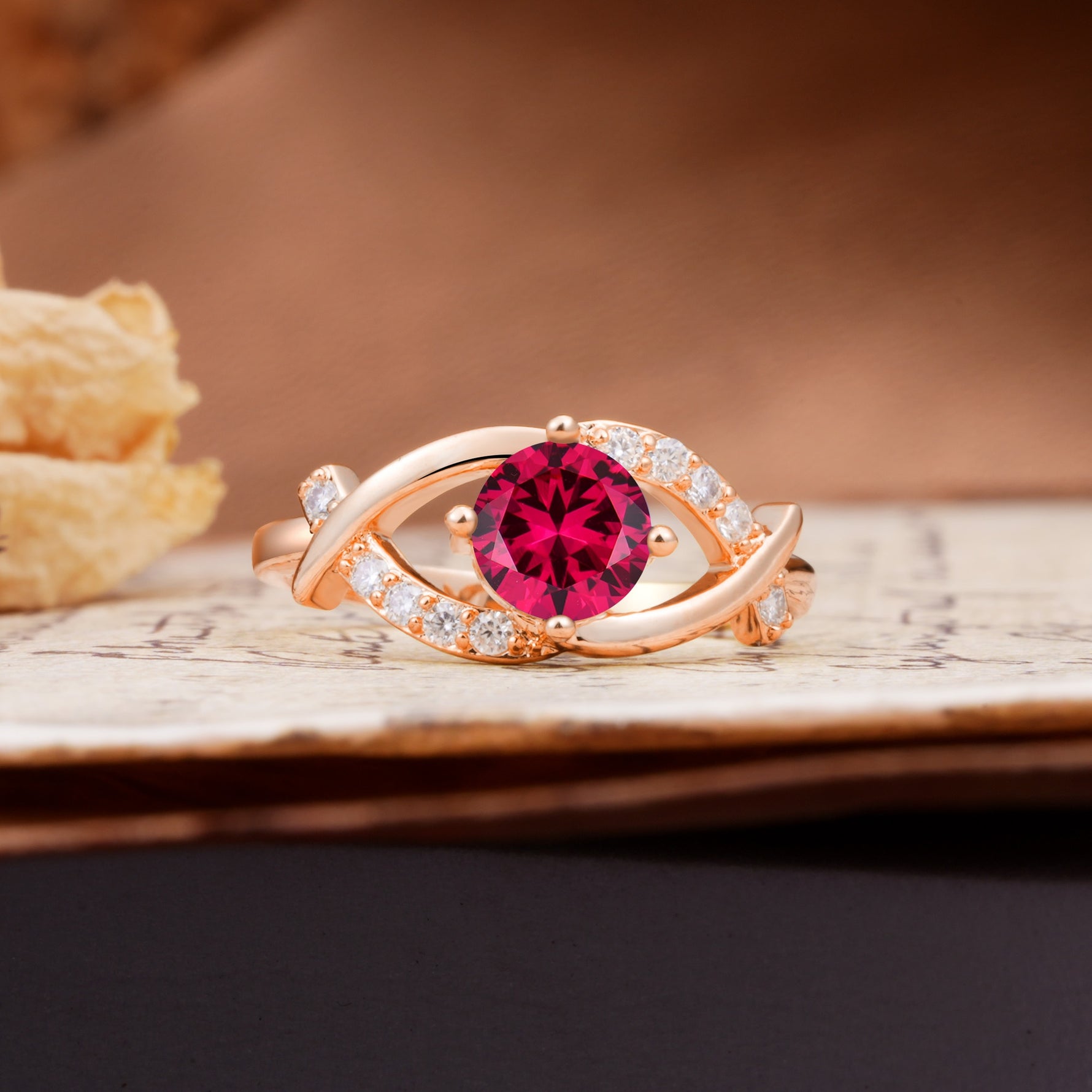Unique and Luxurious 4-Prong Wrapped Round Cut Ruby Engagement Ring - Additional view