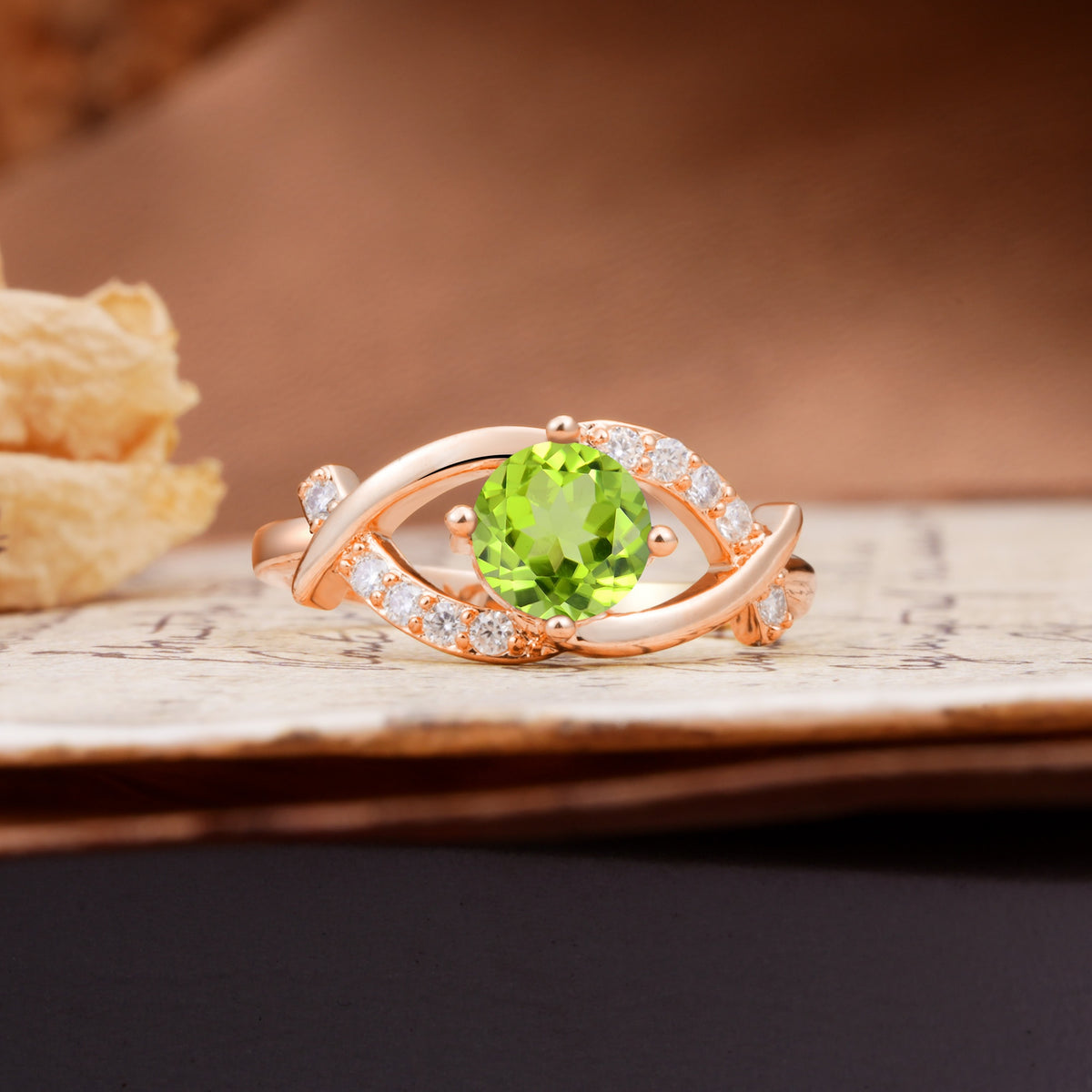 Unique and Luxurious 4-Prong Wrapped Round Cut Peridot Engagement Ring - Additional view