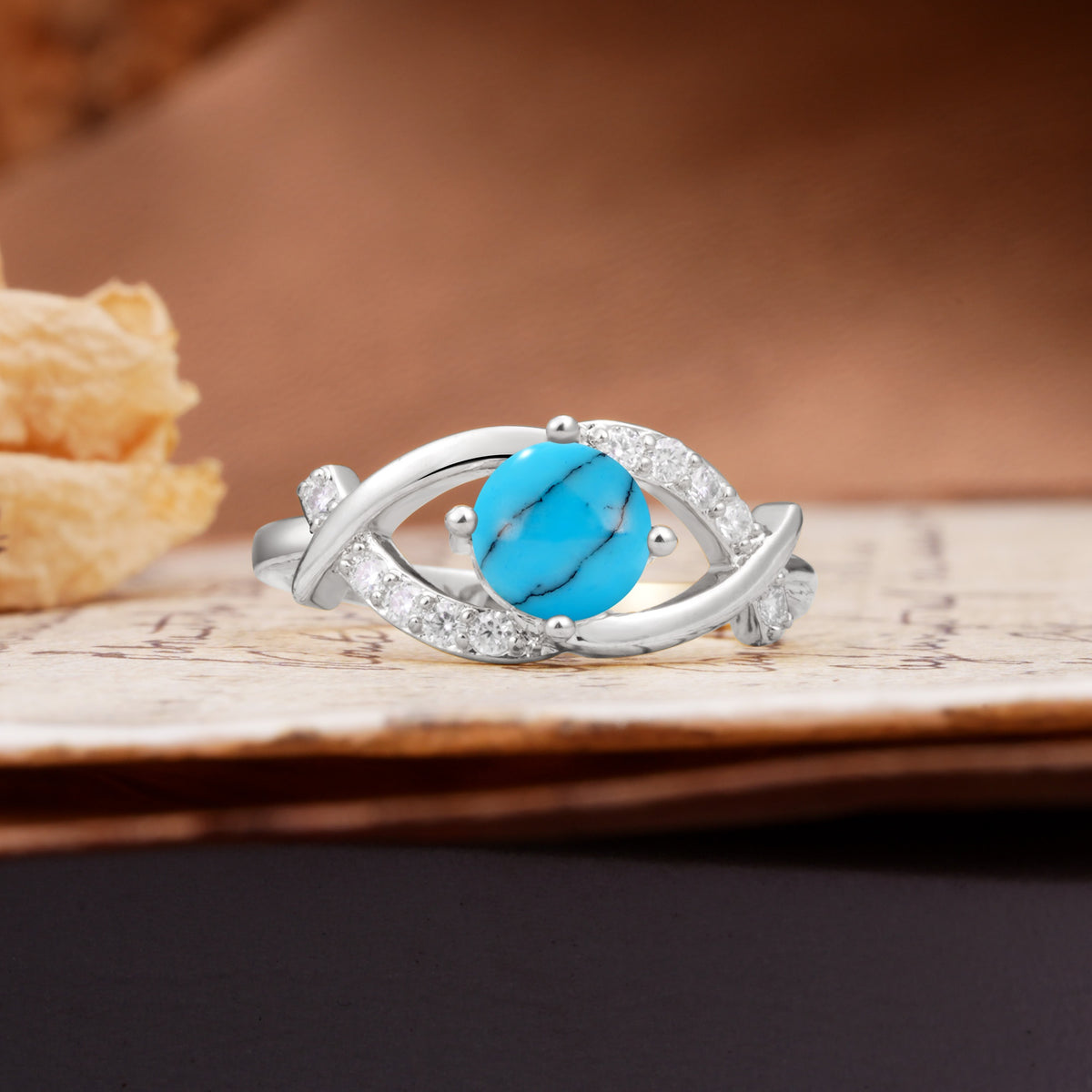Unique and Luxurious 4-Prong Wrapped Round Cut Turquoise Engagement Ring - Additional view