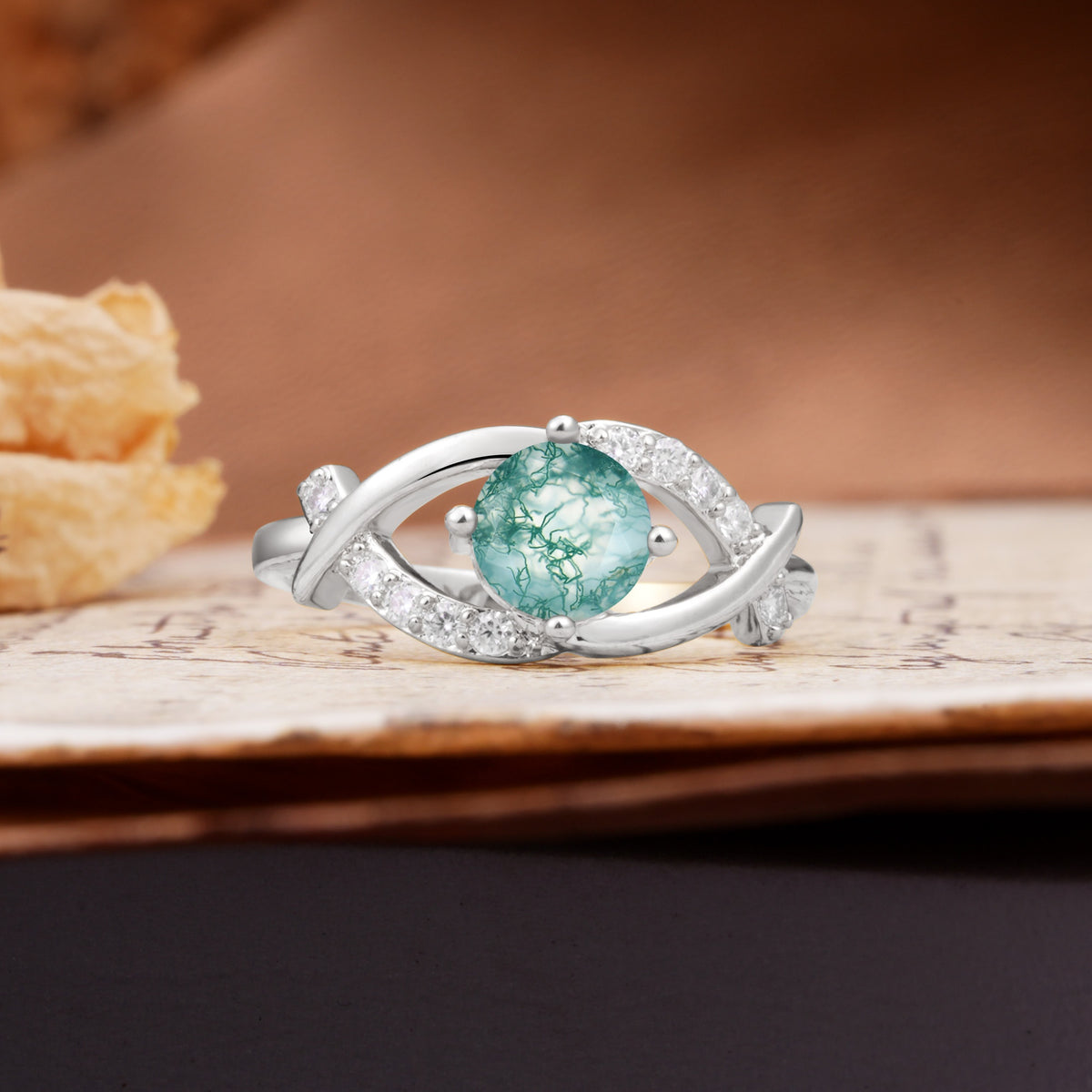 Unique and Luxurious 4-Prong Wrapped Round Cut Moss Agate Engagement Ring - Additional view