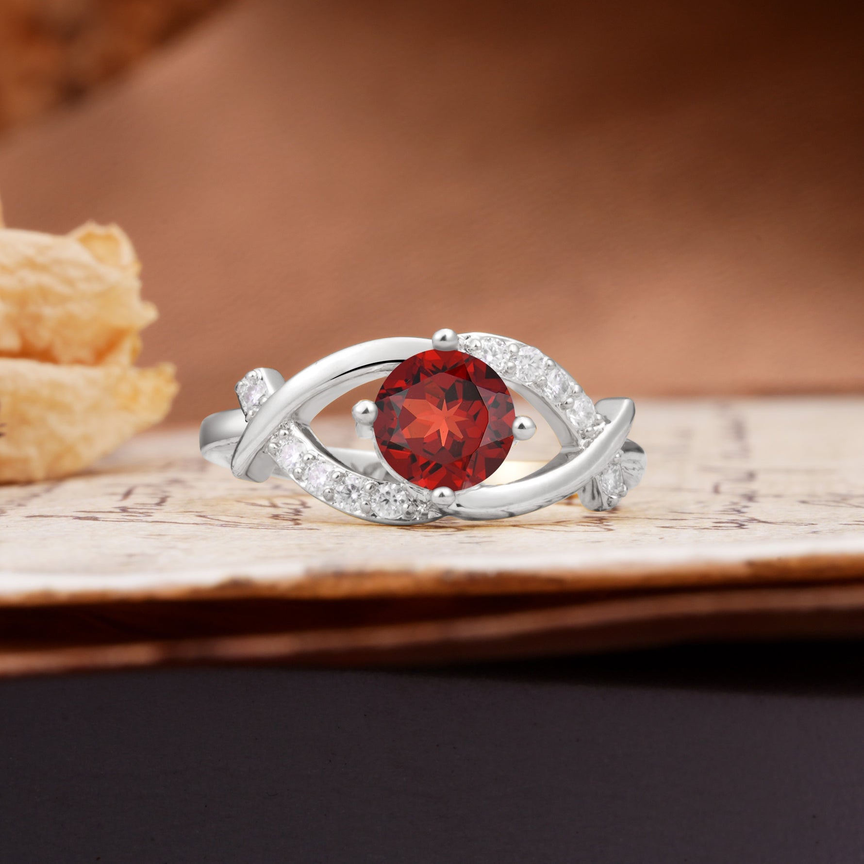 Unique and Luxurious 4-Prong Wrapped Round Cut Garnet Engagement Ring - Additional view