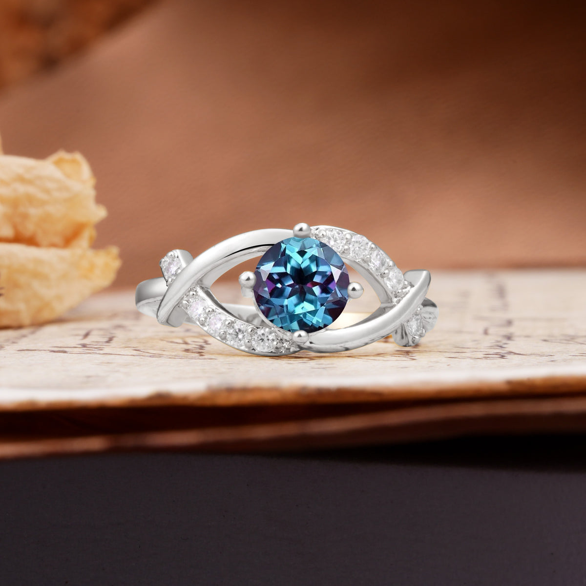 Unique and Luxurious 4-Prong Wrapped Round Cut Alexandrite Engagement Ring - Additional view
