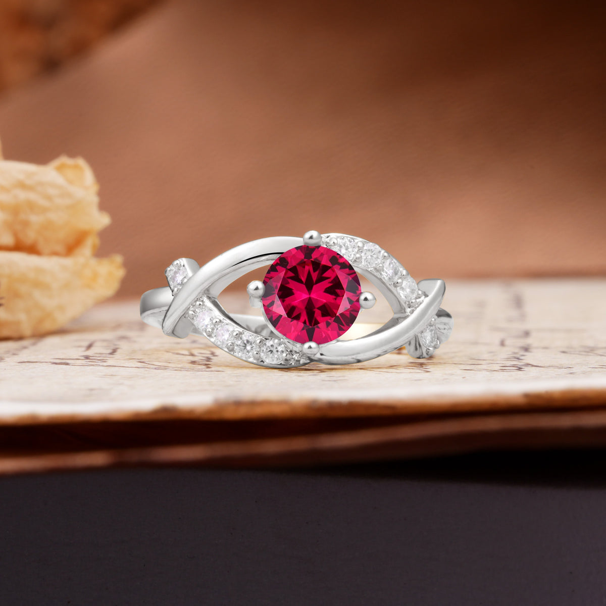 Unique and Luxurious 4-Prong Wrapped Round Cut Ruby Engagement Ring - Additional view