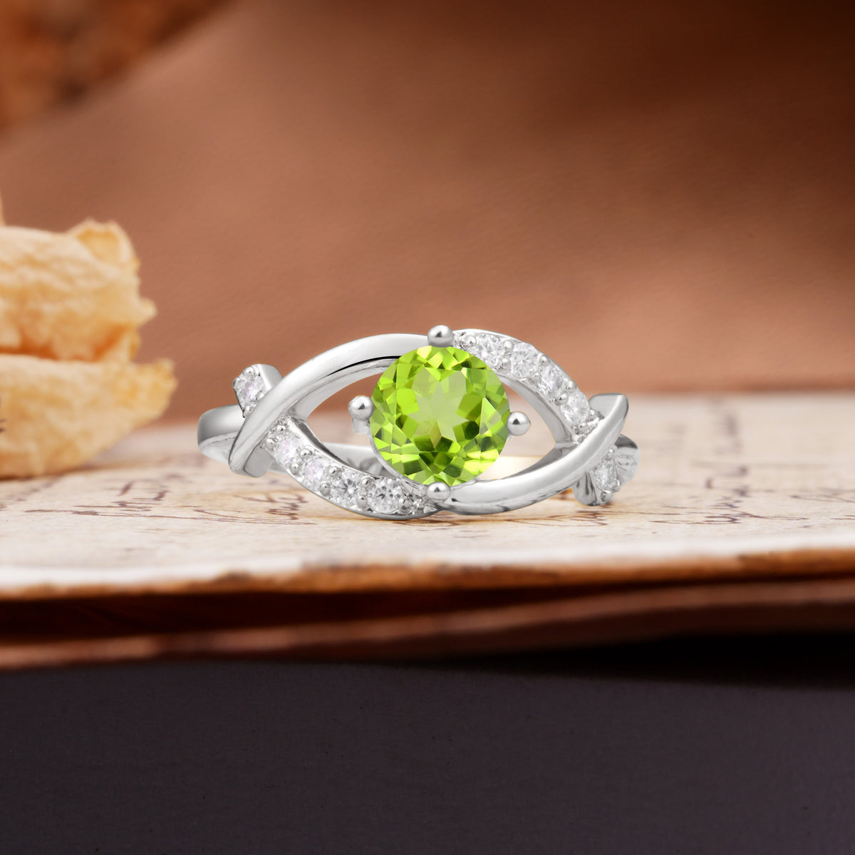 Unique and Luxurious 4-Prong Wrapped Round Cut Peridot Engagement Ring - Additional view