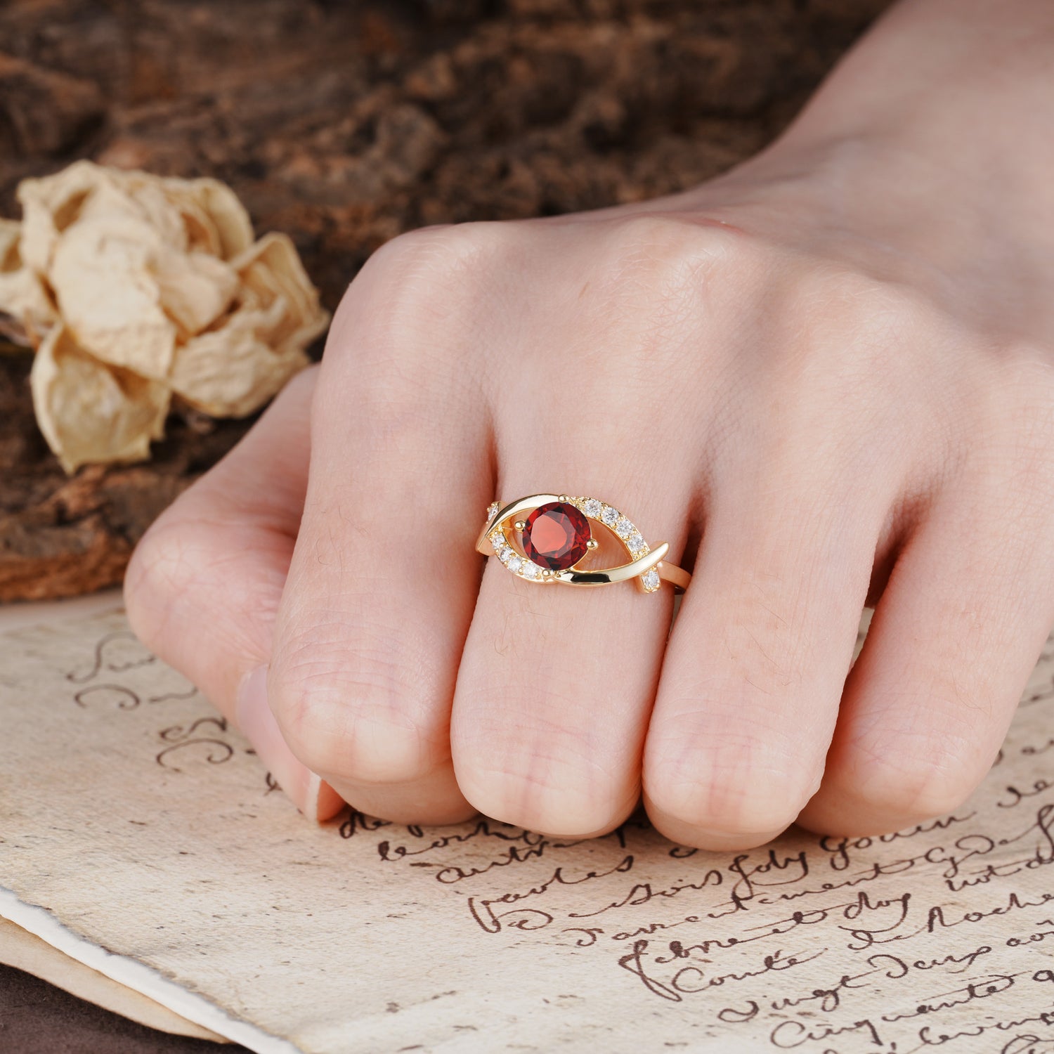 Unique and Luxurious 4-Prong Wrapped Round Cut Garnet Engagement Ring