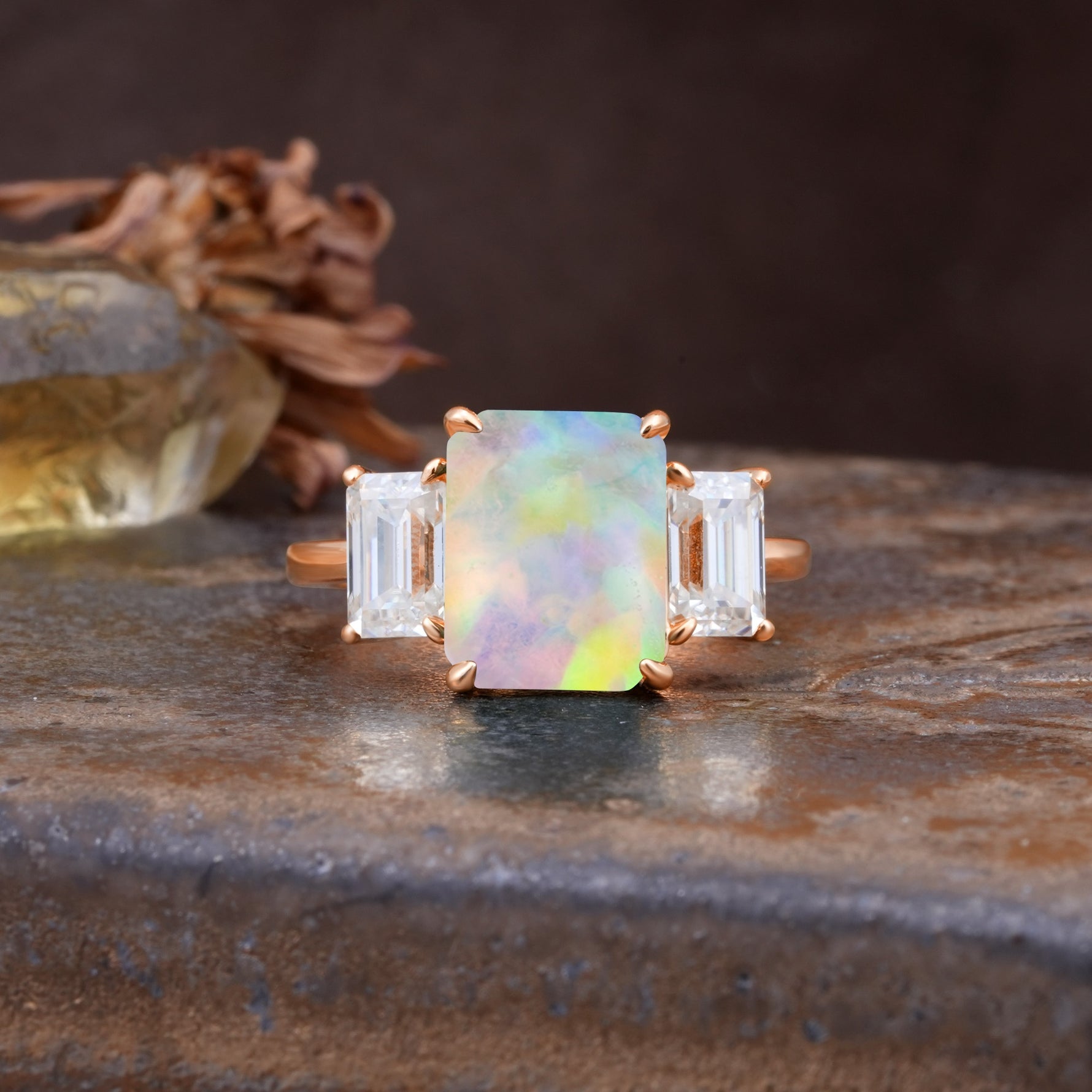 Classic, Luxurious 4-Prong Emerald Cut Fire Opal Three Stones Wedding Ring - Additional view