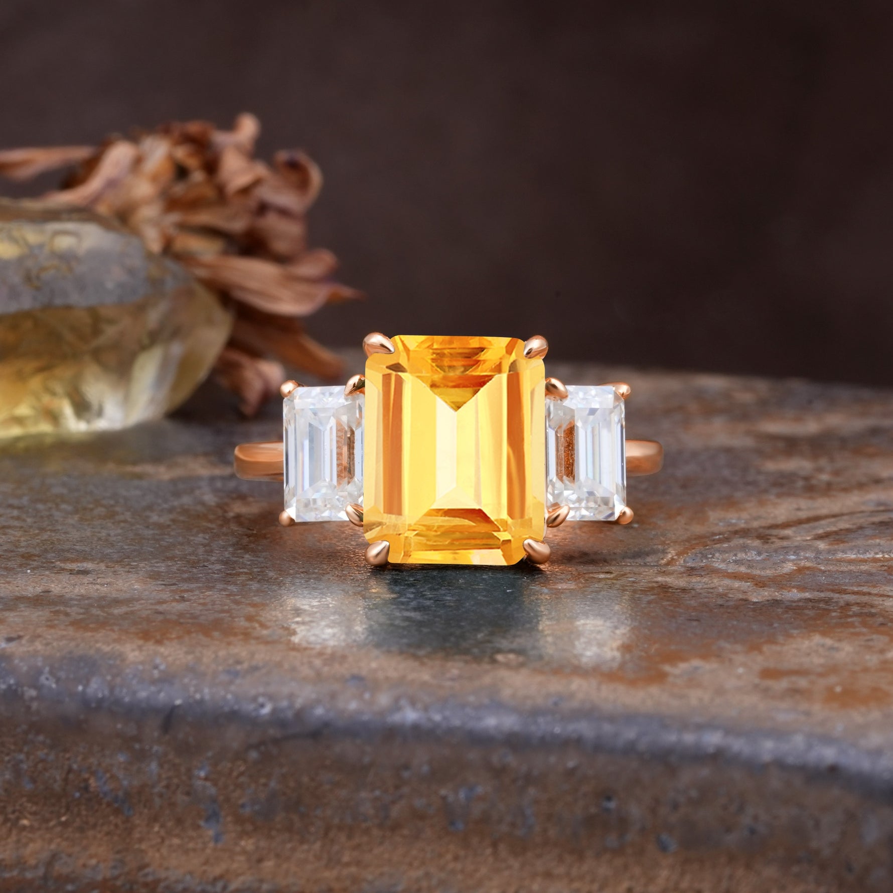 Classic, Luxurious 4-Prong Emerald Cut Citrine Three Stones Wedding Ring - Additional view