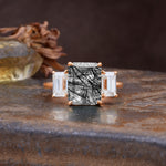 Classic, Luxurious 4-Prong Emerald Cut Black Rutilated Quartz Three Stones Wedding Ring - Additional view