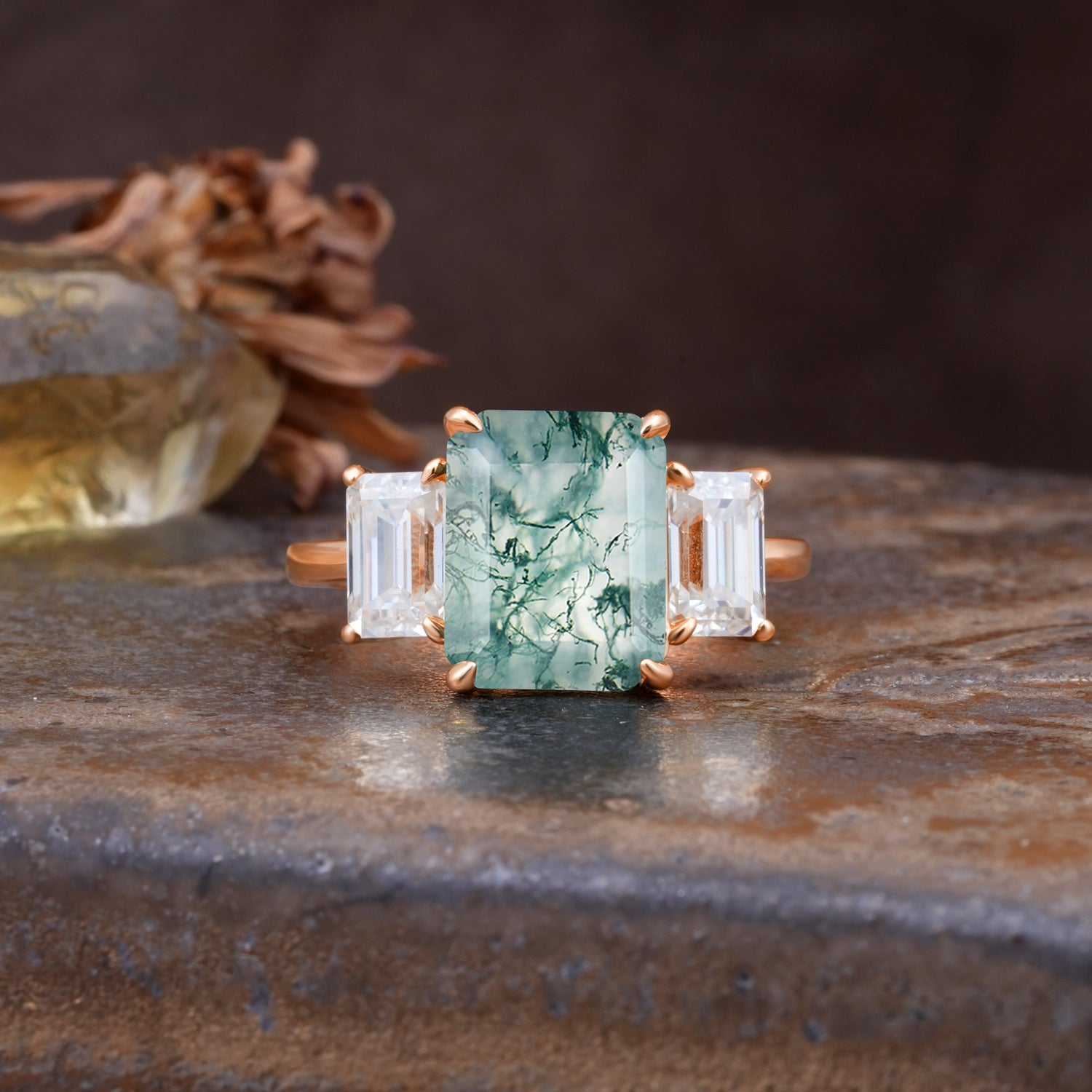 Classic, Luxurious 4-Prong Emerald Cut Moss Agate Three Stones Wedding Ring - Additional view