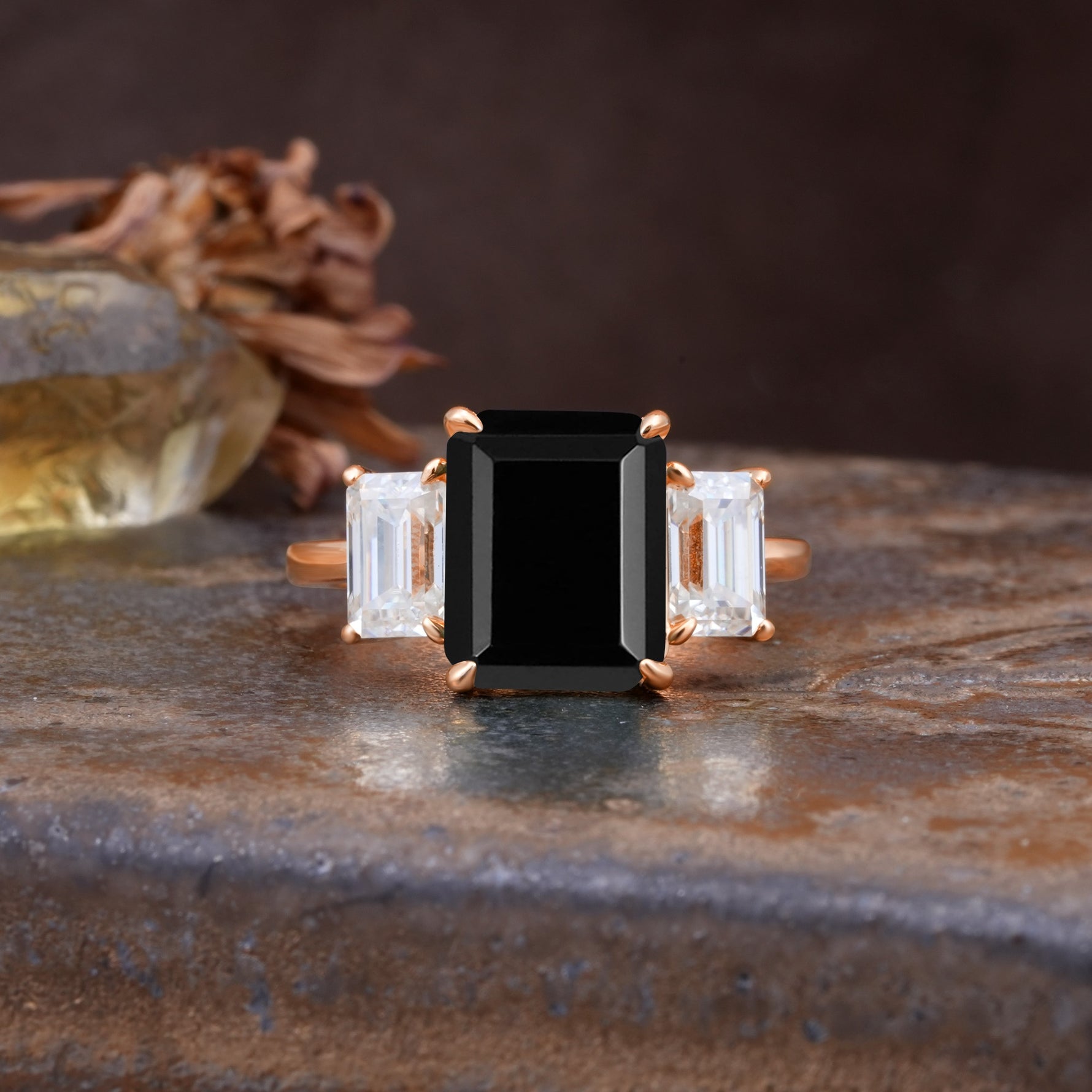 Classic, Luxurious 4-Prong Emerald Cut Black Onyx Three Stones Wedding Ring - Additional view