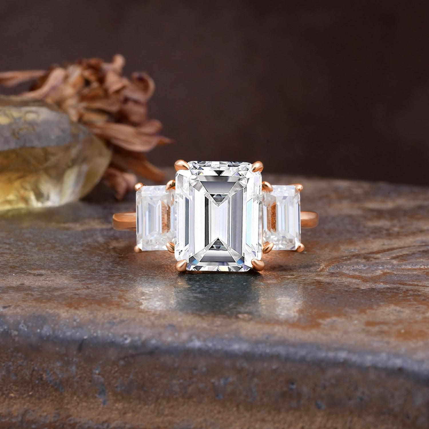 Classic, Luxurious 4-Prong Emerald Cut Lab Diamond Three Stones Wedding Ring - Additional view