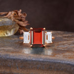Classic, Luxurious 4-Prong Emerald Cut Garnet Three Stones Wedding Ring - Additional view