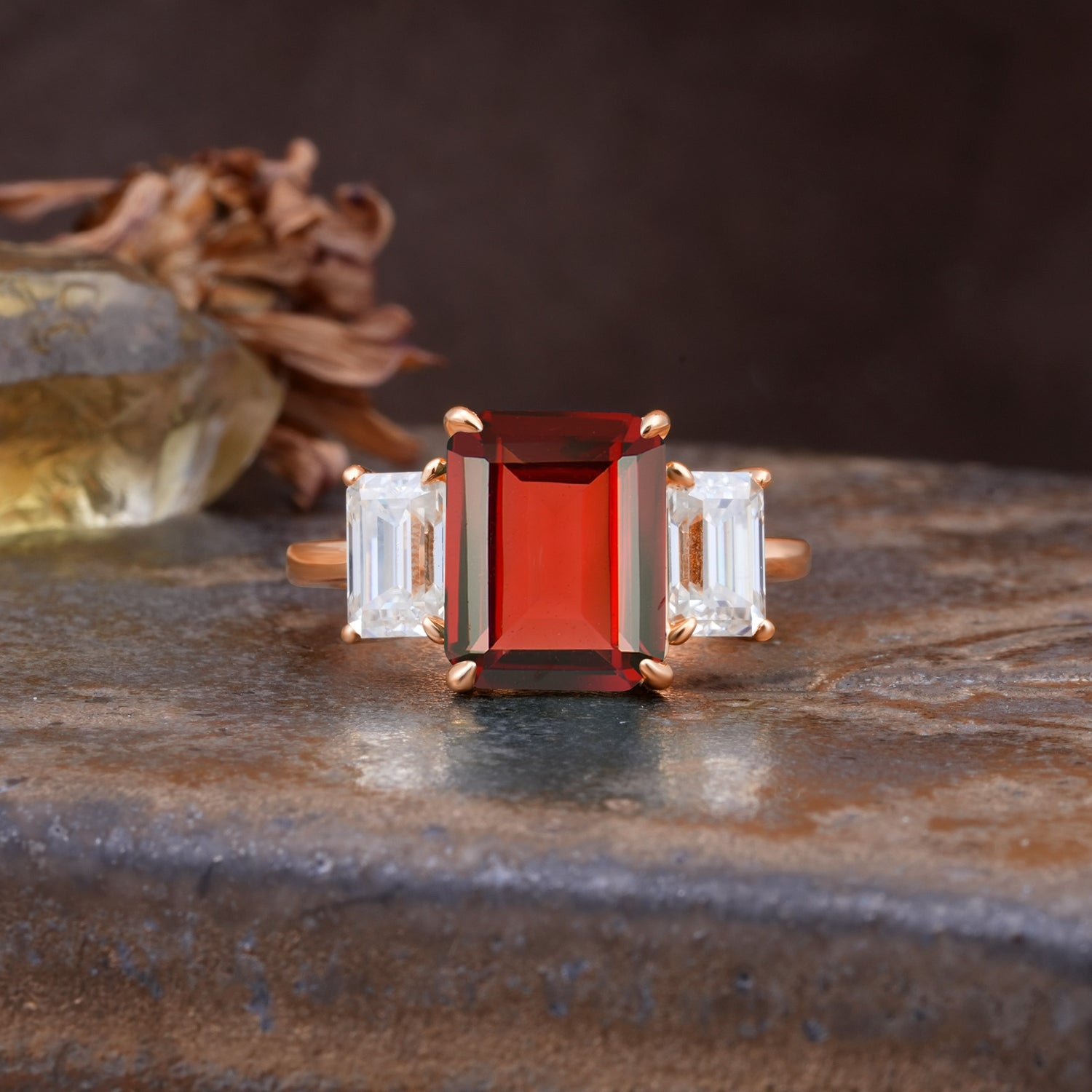Classic, Luxurious 4-Prong Emerald Cut Garnet Three Stones Wedding Ring - Additional view