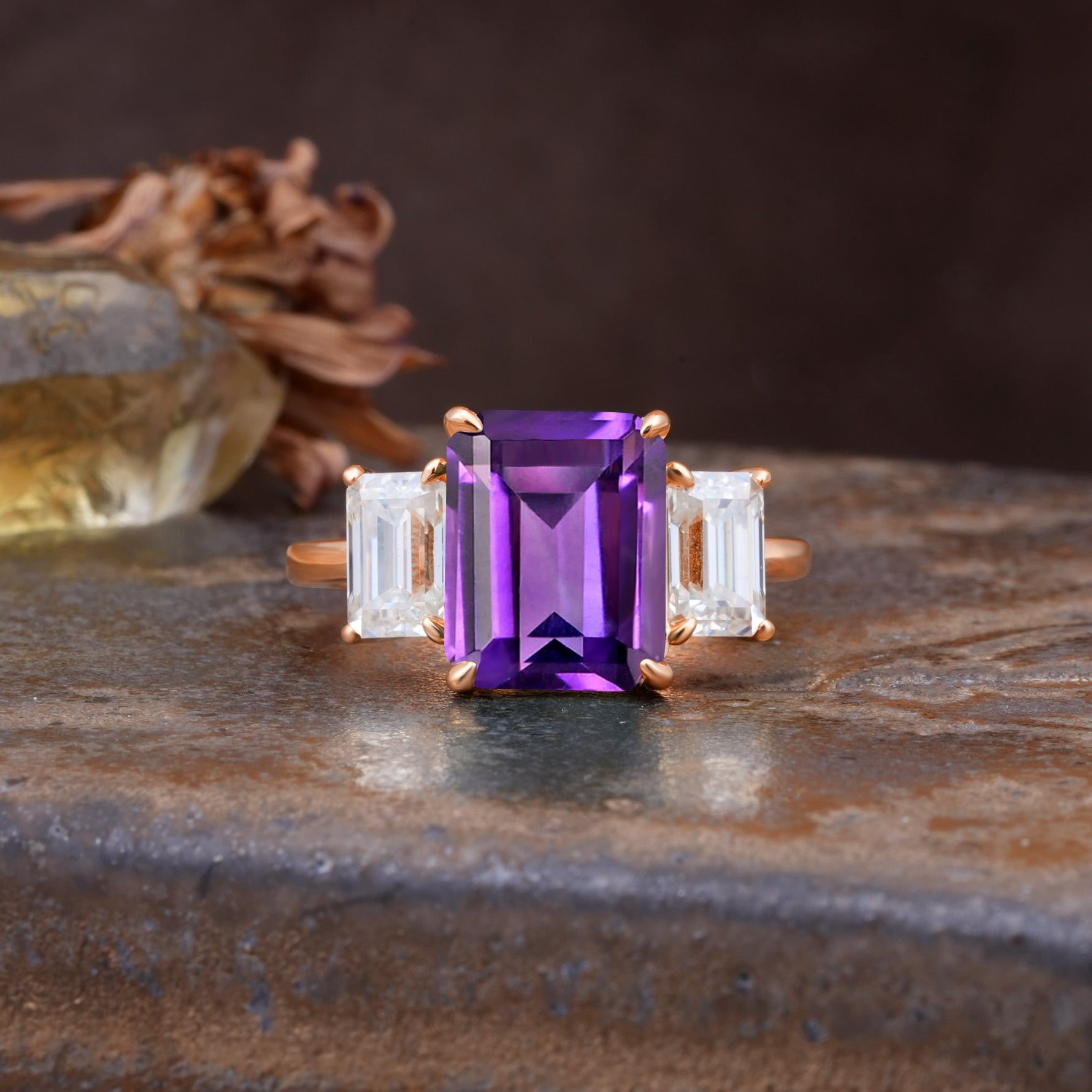 Classic, Luxurious 4-Prong Emerald Cut Amethyst Three Stones Wedding Ring - Additional view