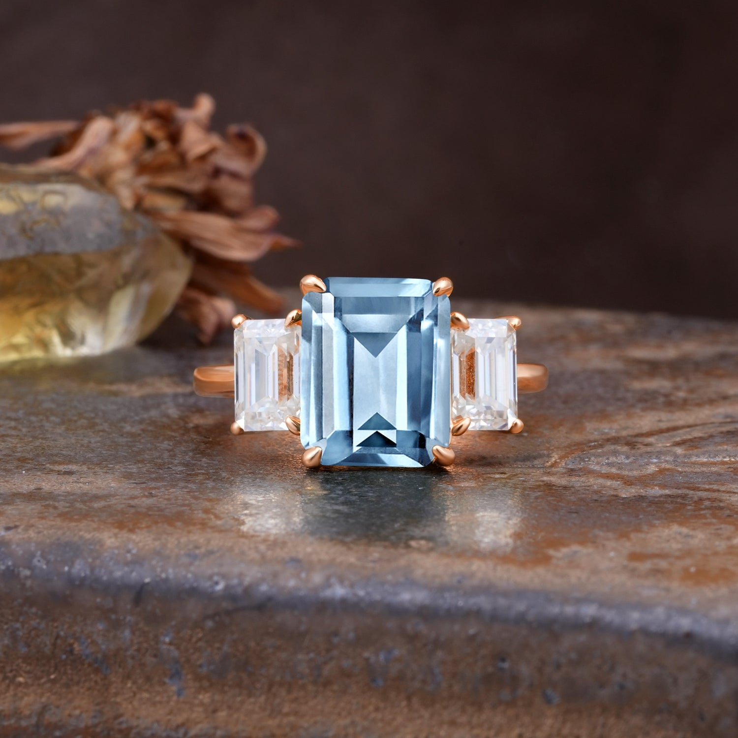 Classic, Luxurious 4-Prong Emerald Cut Aquamarine Three Stones Wedding Ring - Additional view
