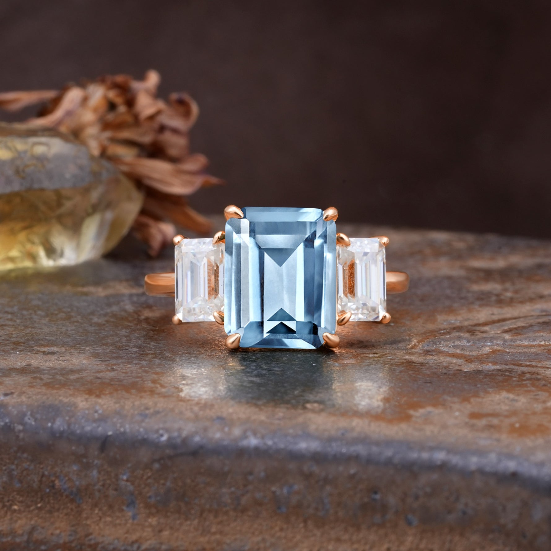 Classic, Luxurious 4-Prong Emerald Cut Aquamarine Three Stones Wedding Ring - Additional view