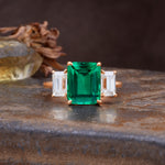 Classic, Luxurious 4-Prong Emerald Cut Emerald Three Stones Wedding Ring - Additional view