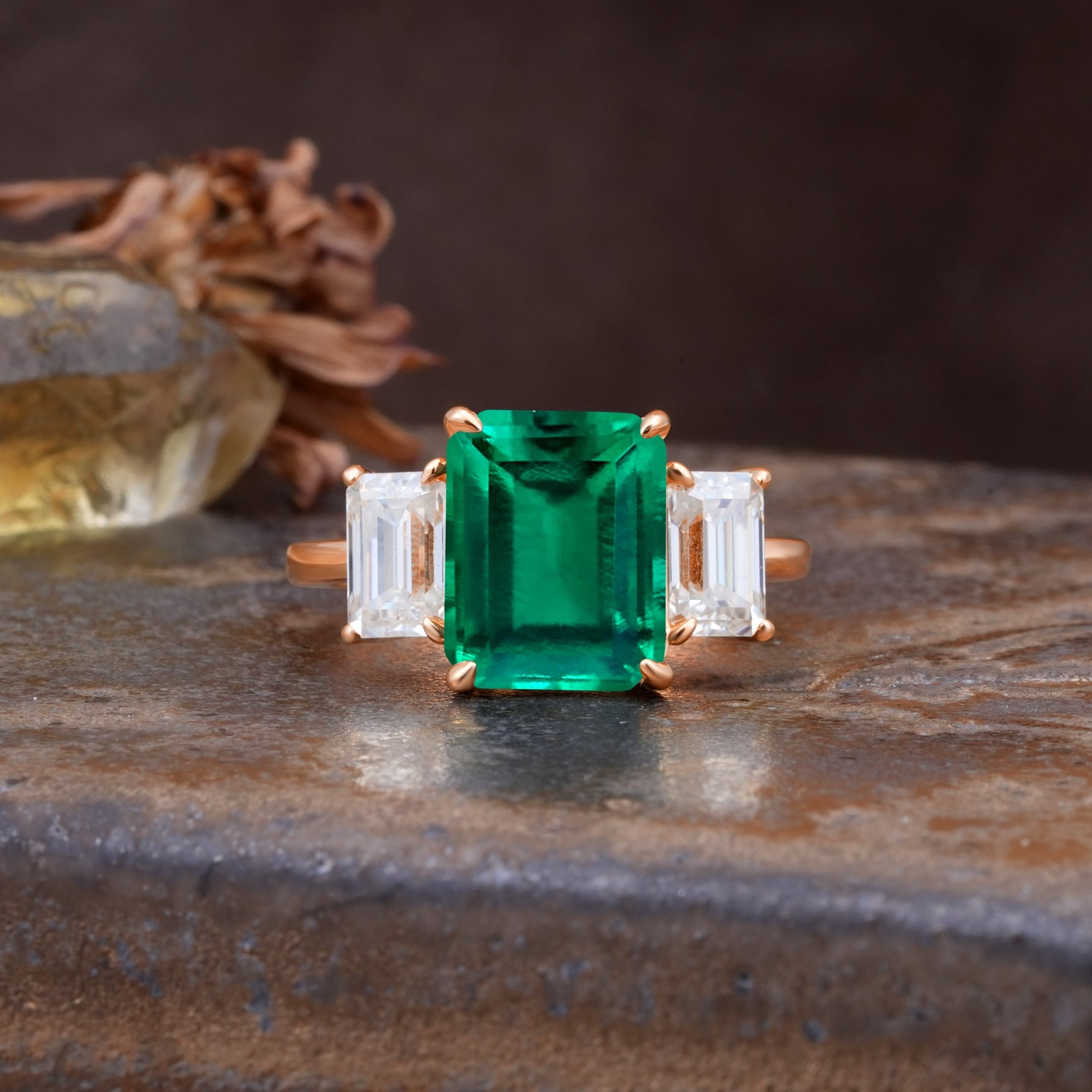 Classic, Luxurious 4-Prong Emerald Cut Emerald Three Stones Wedding Ring - Additional view