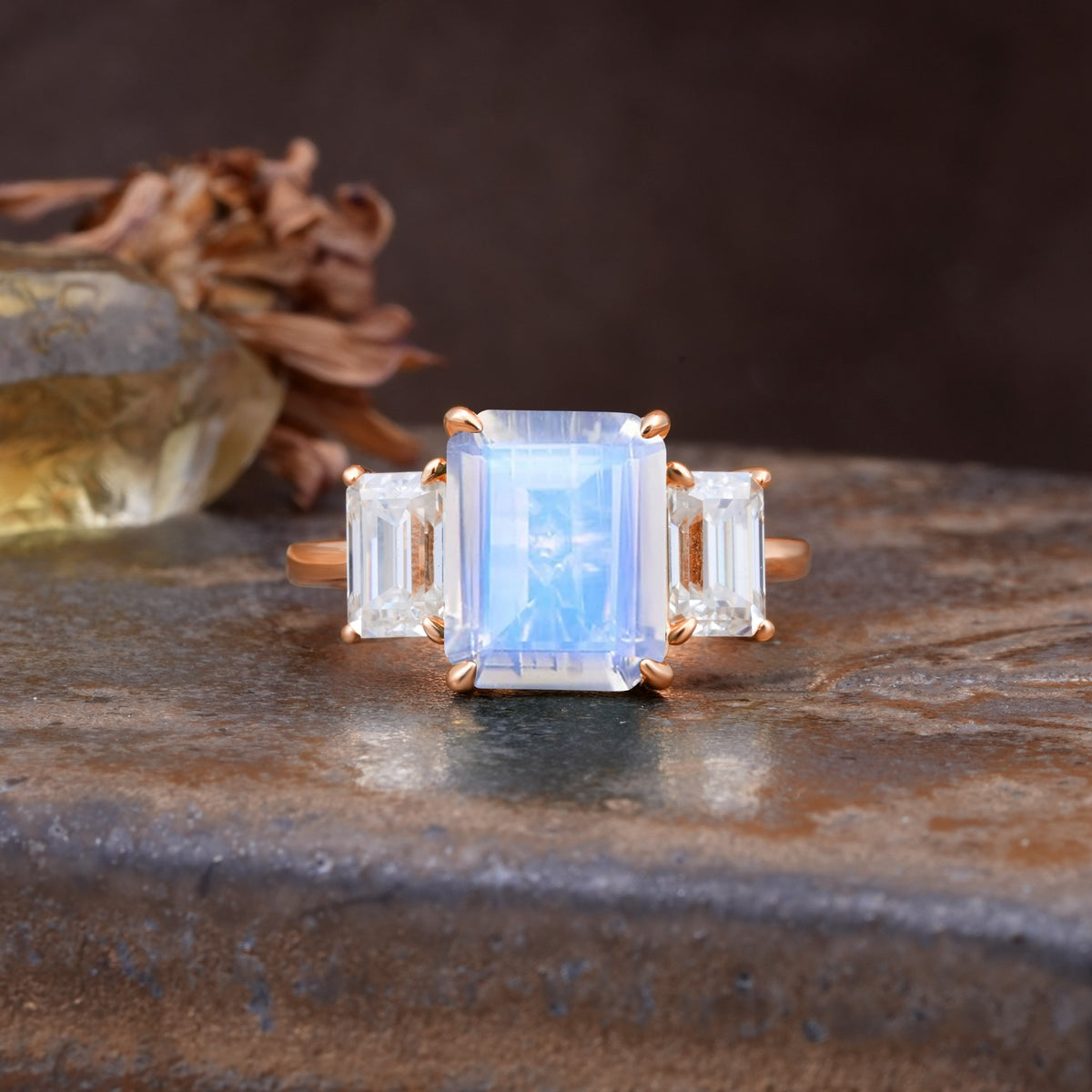 Classic, Luxurious 4-Prong Emerald Cut Moonstone Three Stones Wedding Ring - Additional view