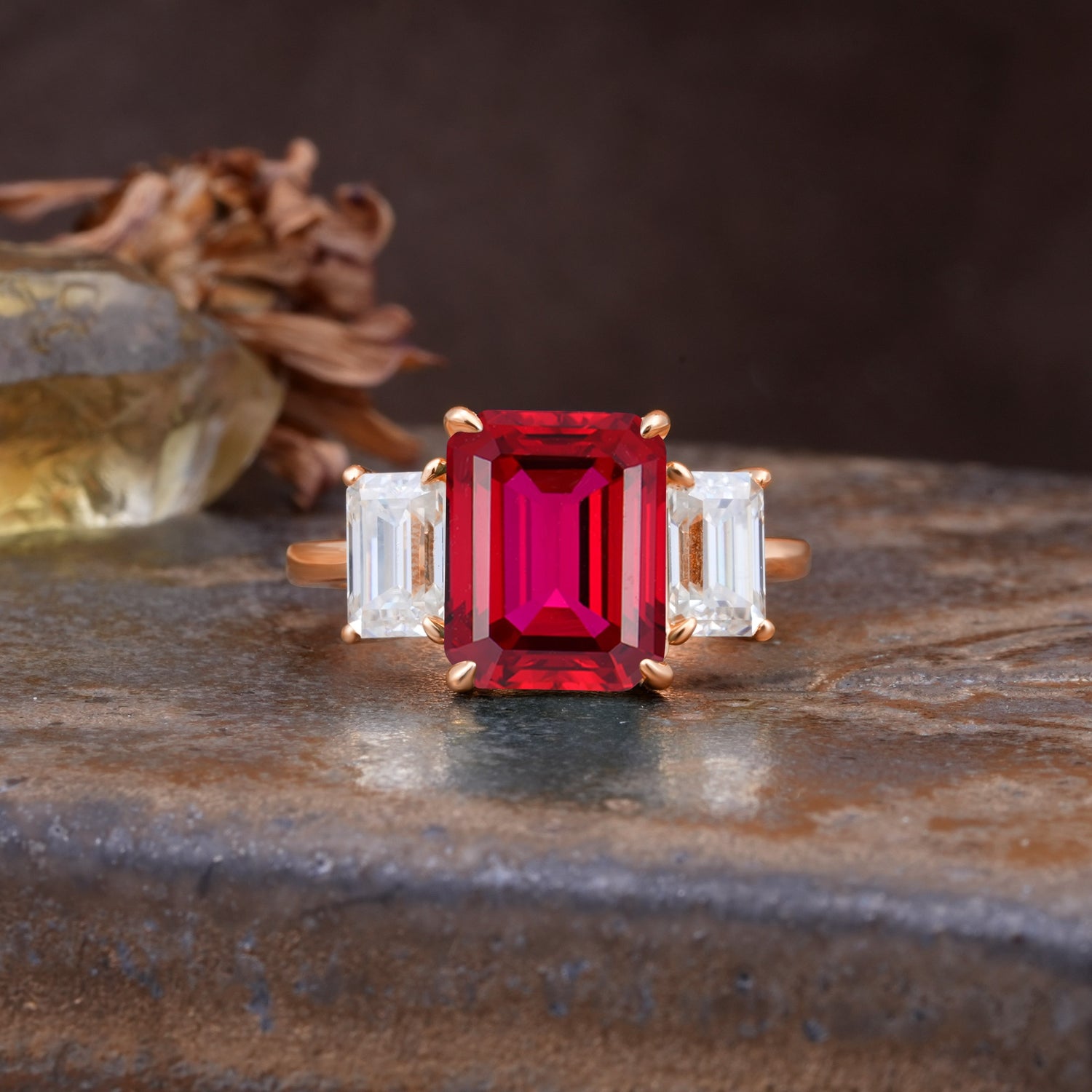 Classic, Luxurious 4-Prong Emerald Cut Ruby Three Stones Wedding Ring - Additional view